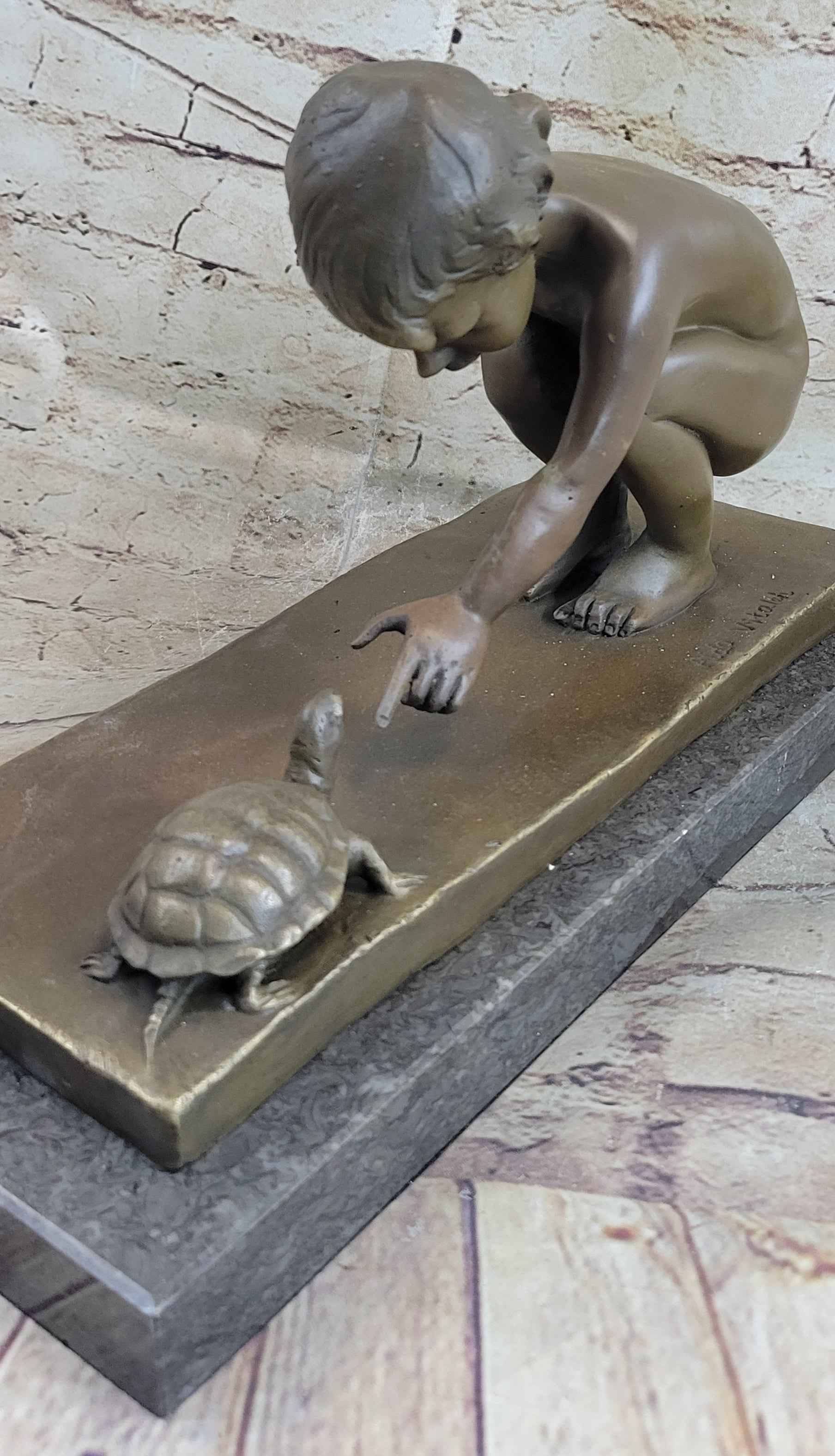 Handcrafted Signed Original Aldo Vitaleh Little Girl Playing With Turtle Bronze