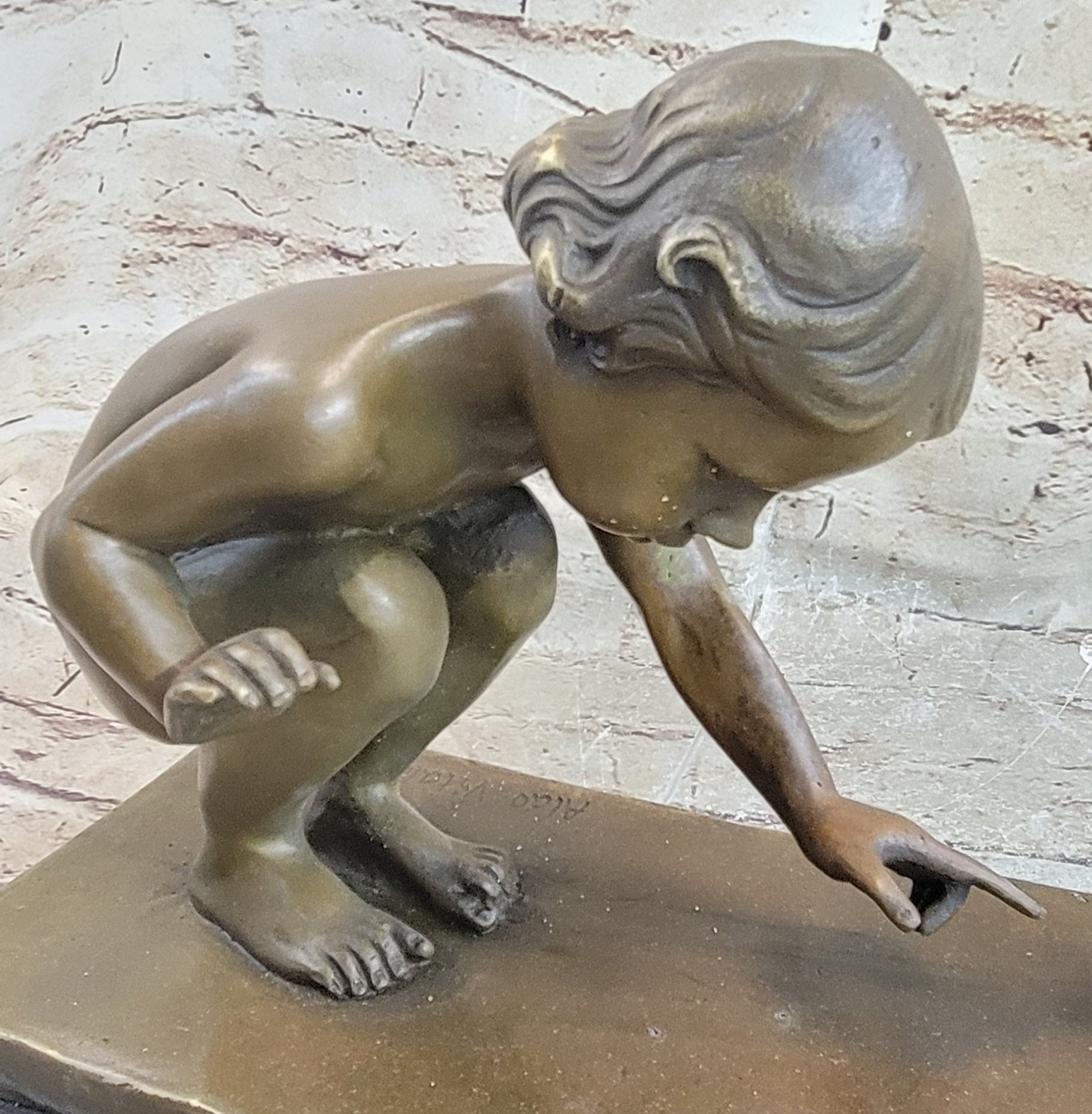 Handcrafted Signed Original Aldo Vitaleh Little Girl Playing With Turtle Bronze