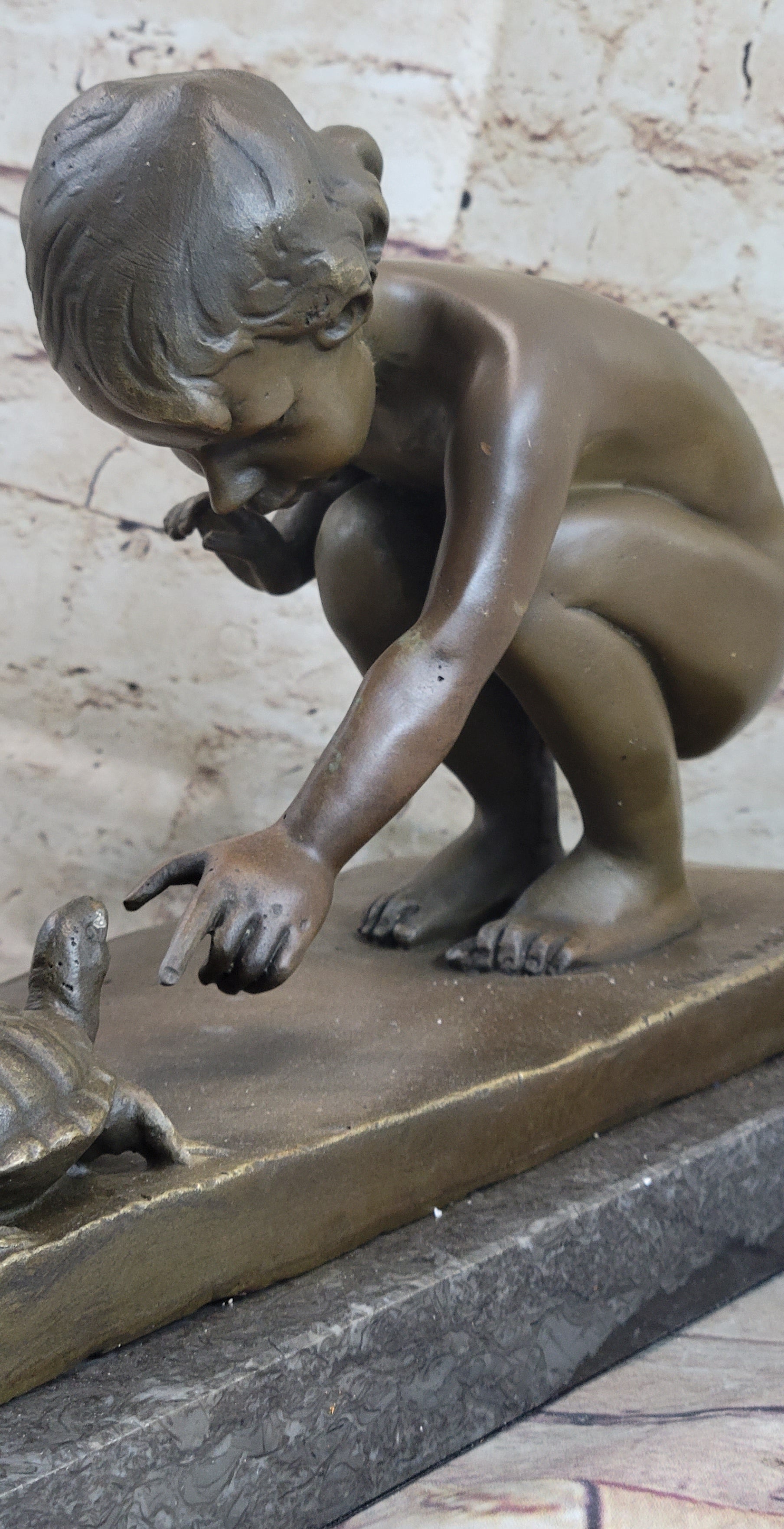 Handcrafted Signed Original Aldo Vitaleh Little Girl Playing With Turtle Bronze