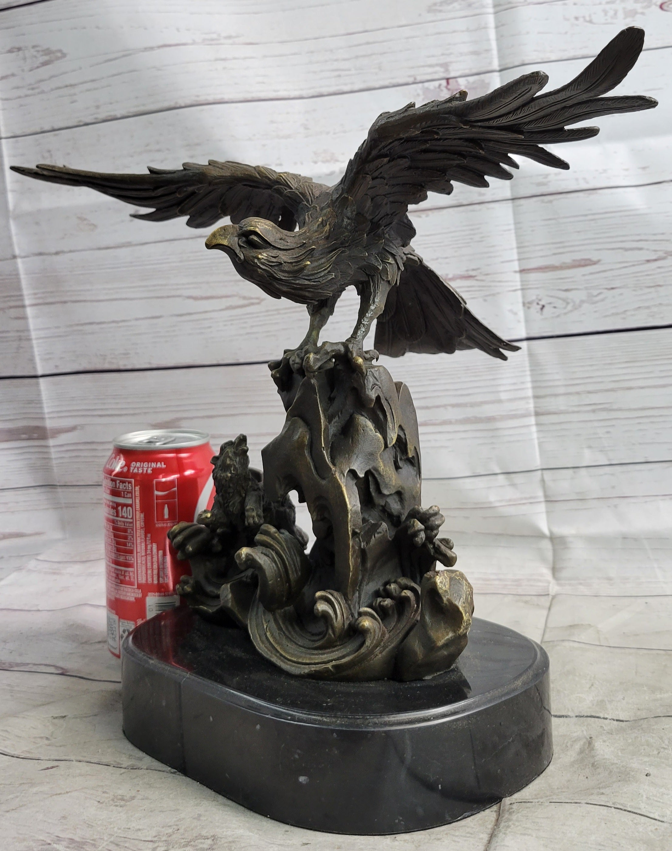 Eagle Landing on Waves Water Bronze Metal Statue Sculpture Figurine Decor Signed