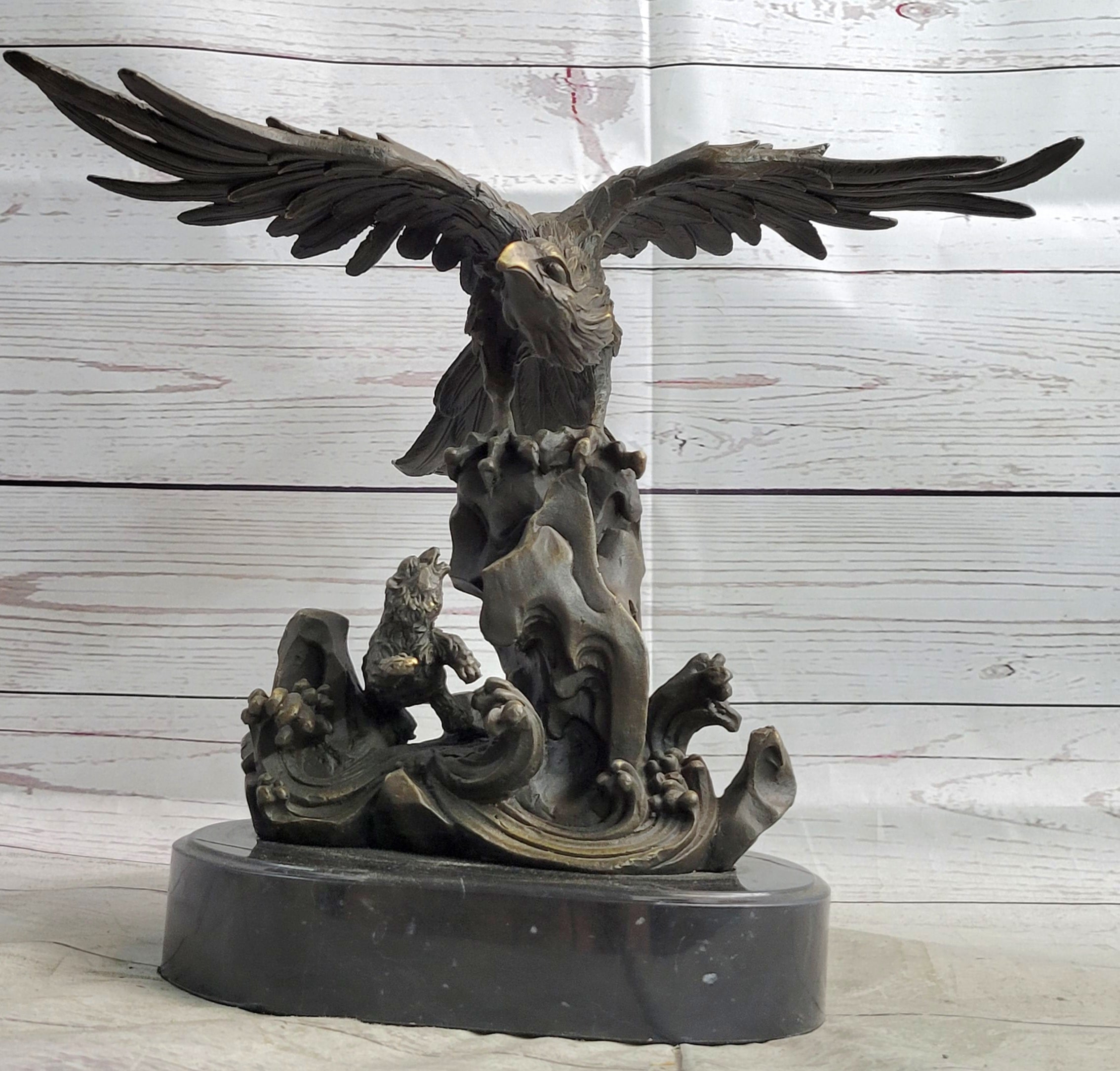 Eagle Landing on Waves Water Bronze Metal Statue Sculpture Figurine Decor Signed