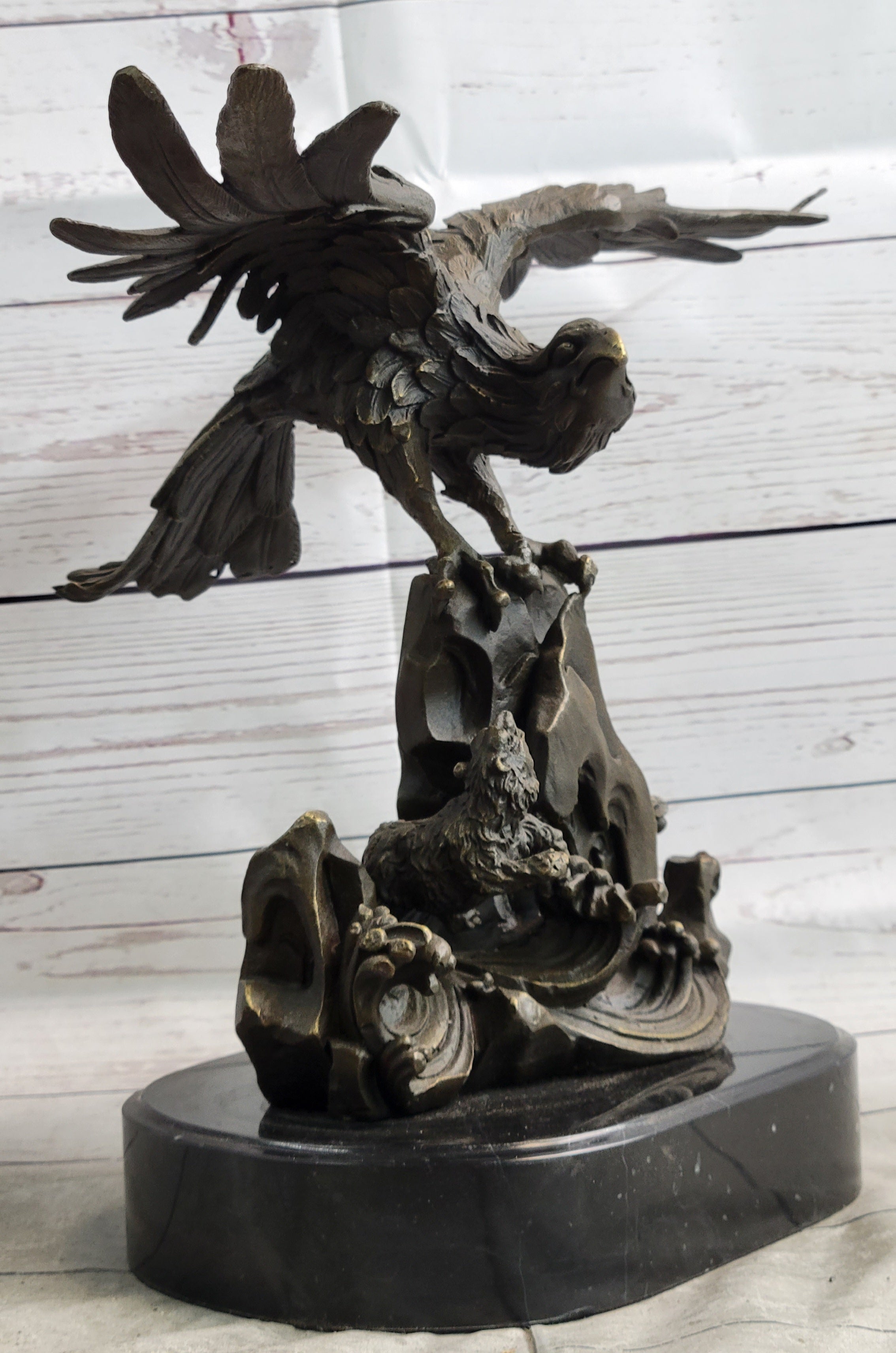 Eagle Landing on Waves Water Bronze Metal Statue Sculpture Figurine Decor Signed