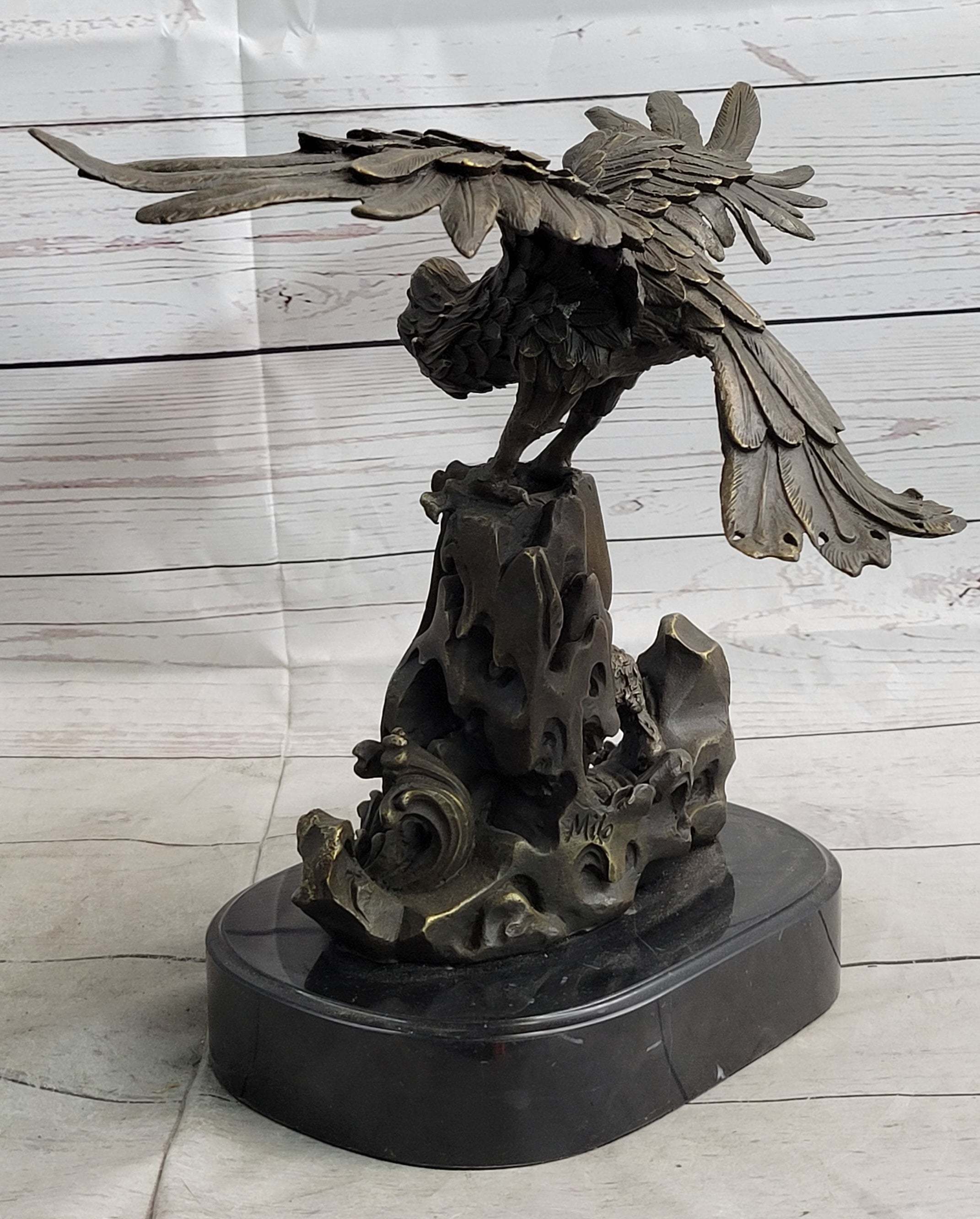 Eagle Landing on Waves Water Bronze Metal Statue Sculpture Figurine Decor Signed