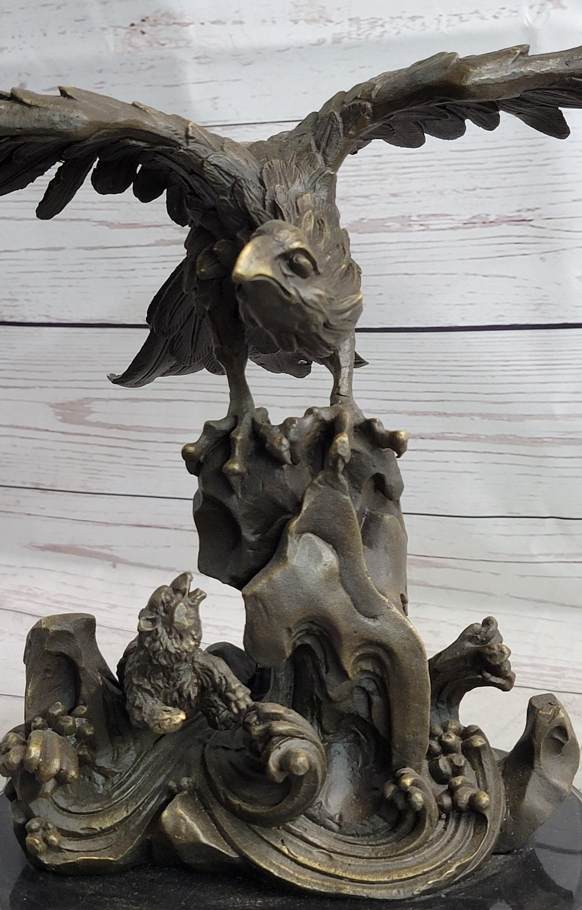 Eagle Landing on Waves Water Bronze Metal Statue Sculpture Figurine Decor Signed