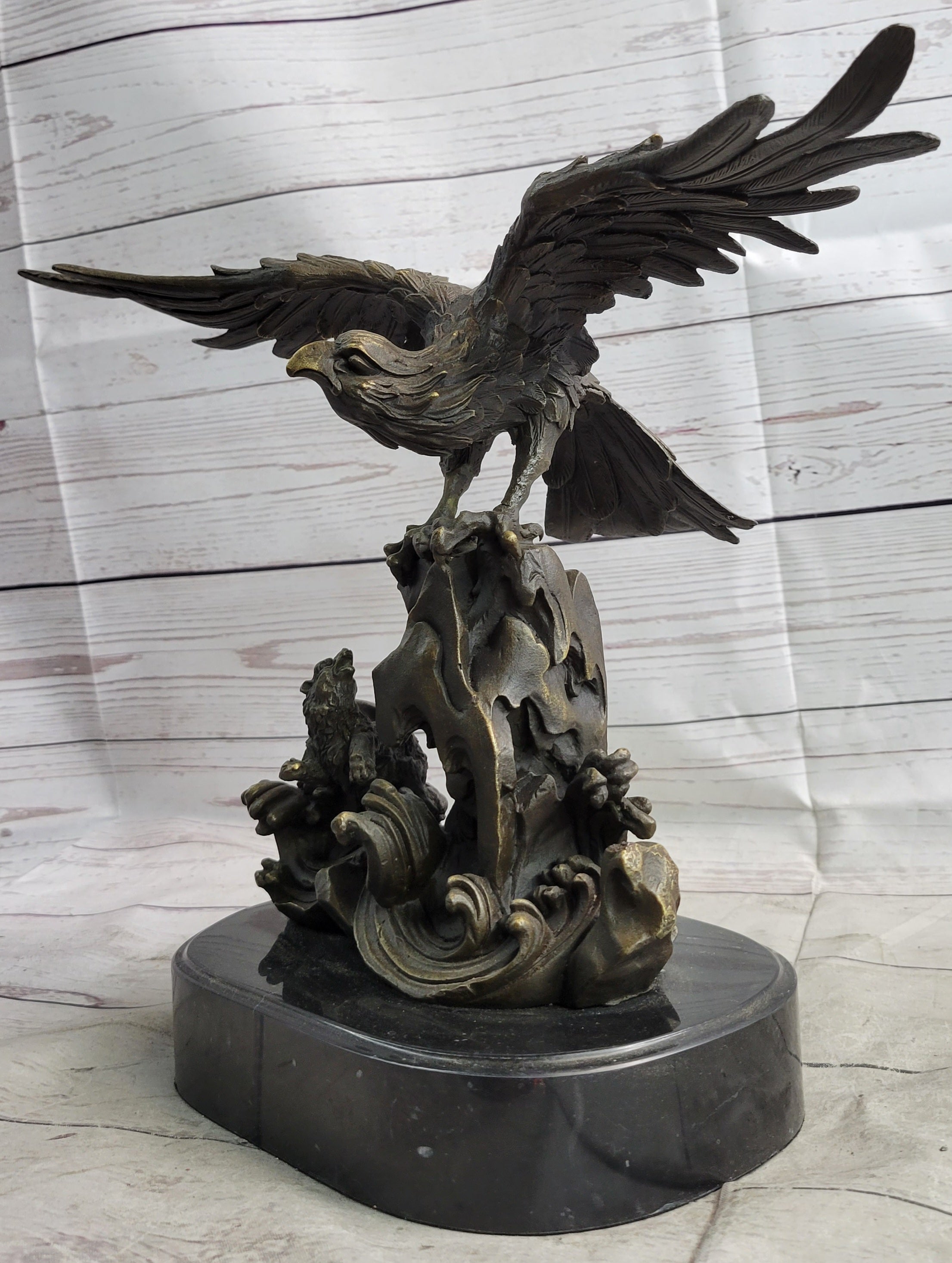 Eagle Landing on Waves Water Bronze Metal Statue Sculpture Figurine Decor Signed