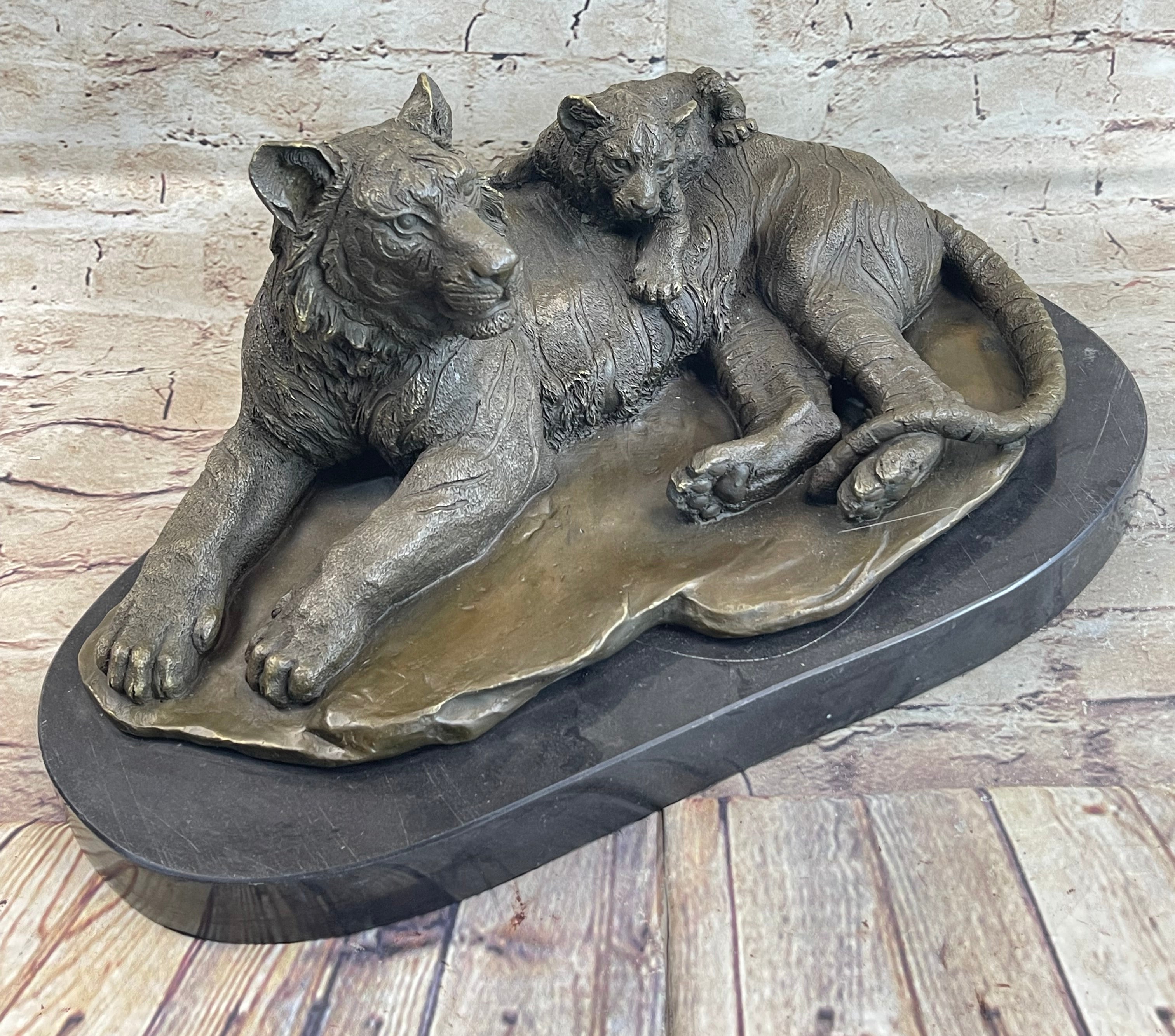 Tiger Family Mother & Cub Bronze Statue Sculpture Figure Marble Base Original Art 8" x 16"