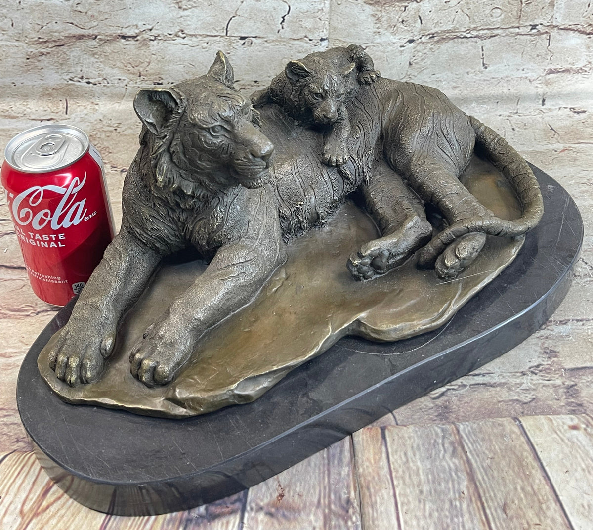 Tiger Family Mother & Cub Bronze Statue Sculpture Figure Marble Base Original Art 8" x 16"