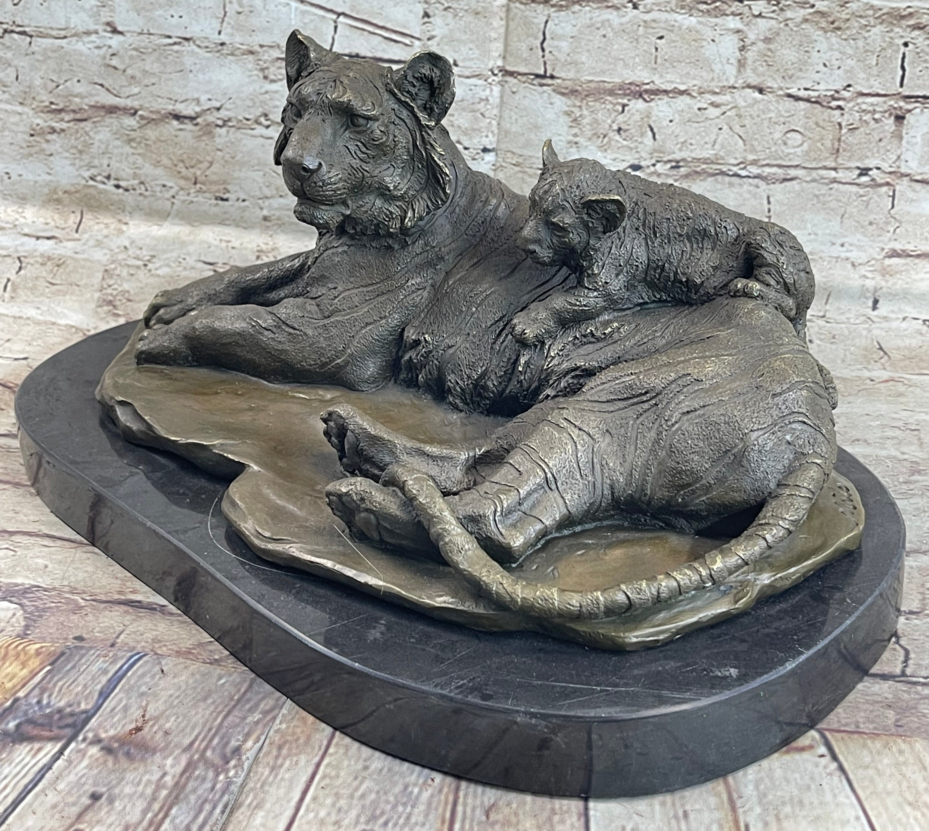 Tiger Family Mother & Cub Bronze Statue Sculpture Figure Marble Base Original Art 8" x 16"