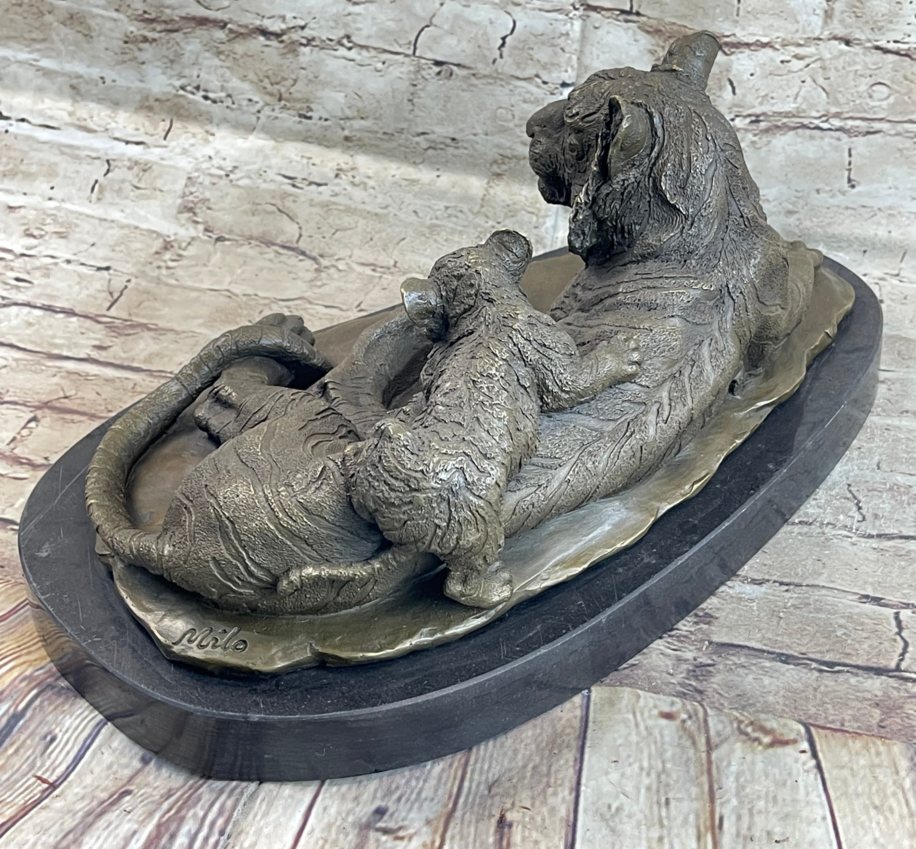 Tiger Family Mother & Cub Bronze Statue Sculpture Figure Marble Base Original Art 8" x 16"