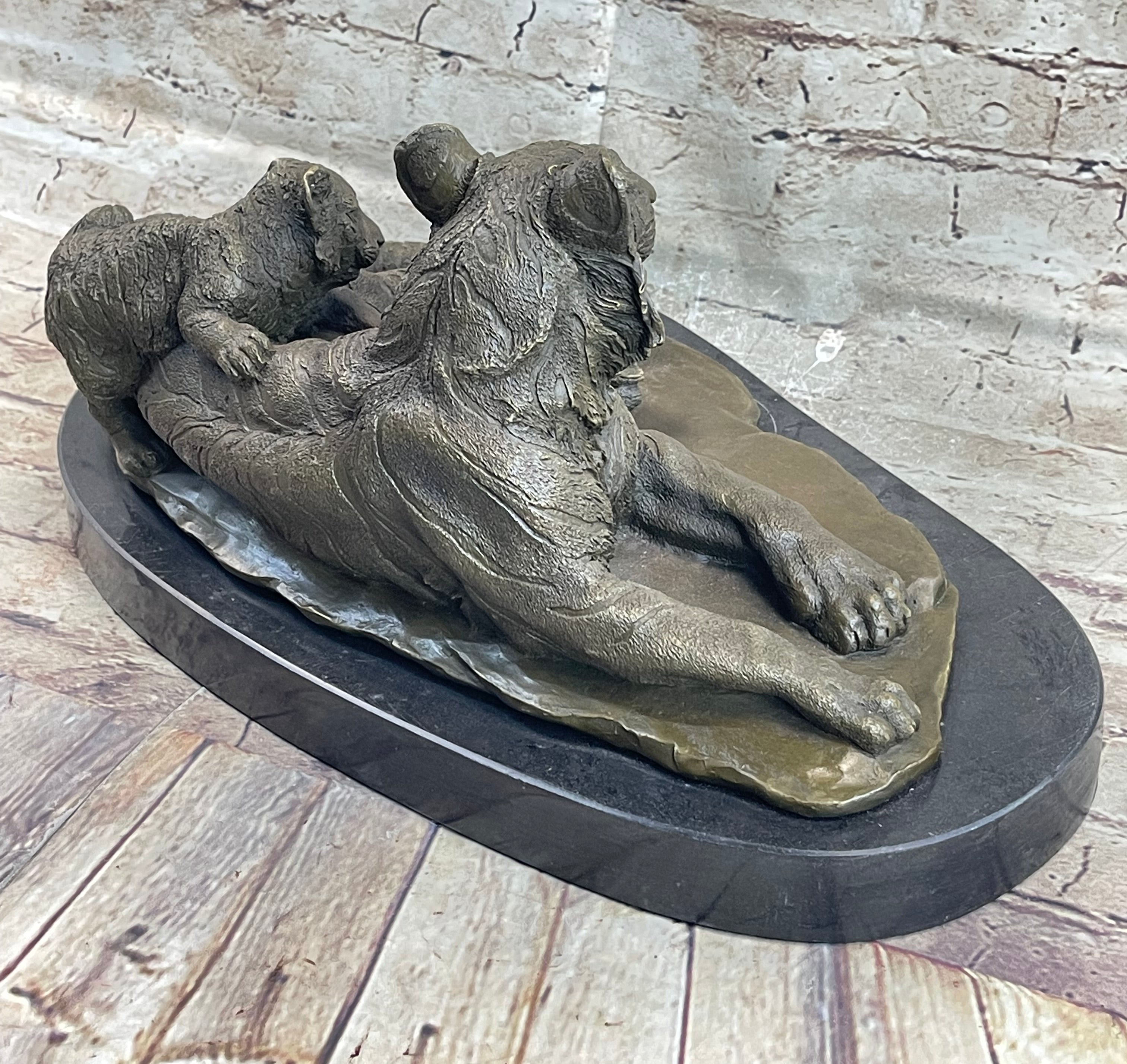 Tiger Family Mother & Cub Bronze Statue Sculpture Figure Marble Base Original Art 8" x 16"