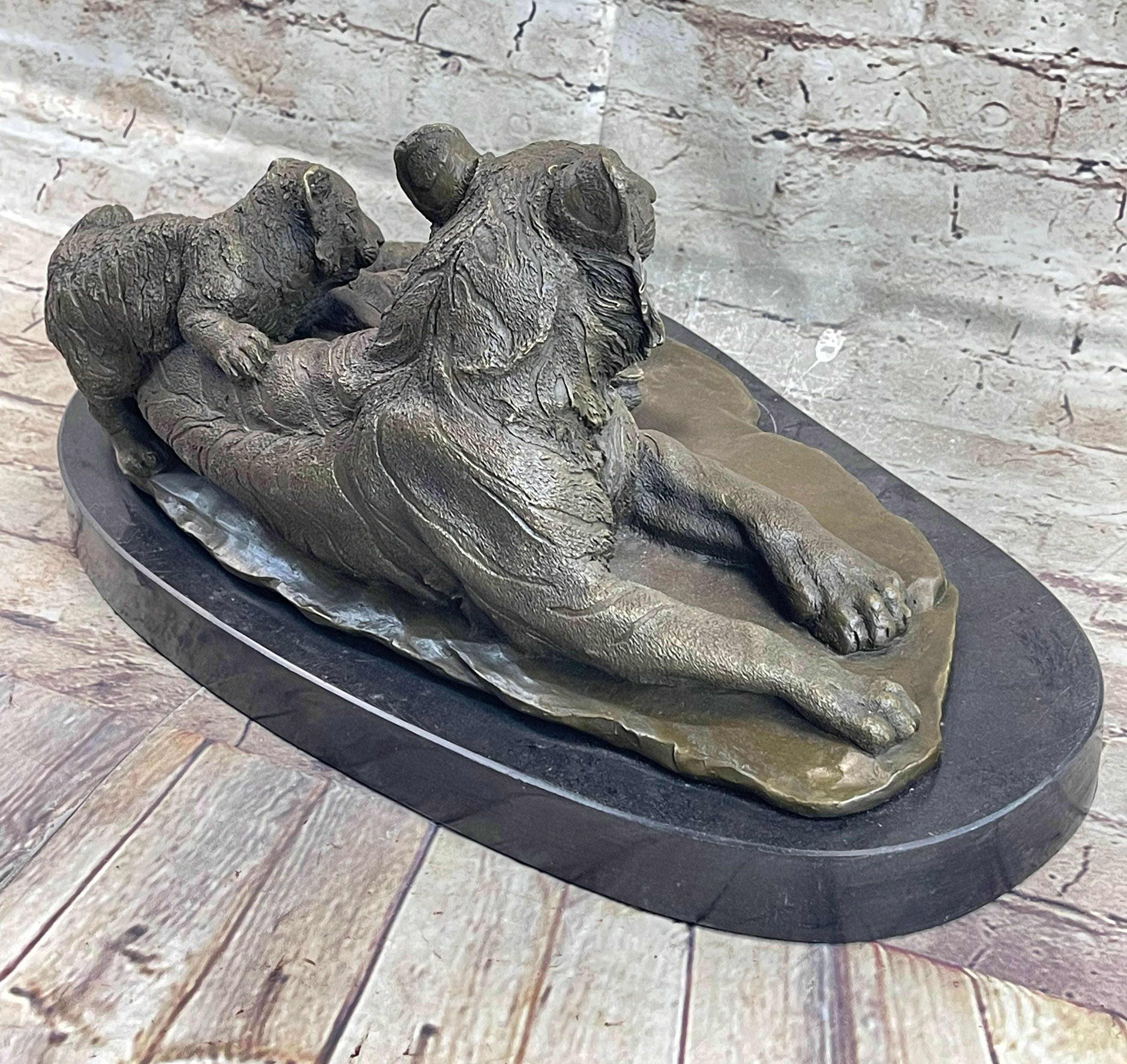 Tiger Family Mother & Cub Bronze Statue Sculpture Figure Marble Base Original Art 8" x 16"