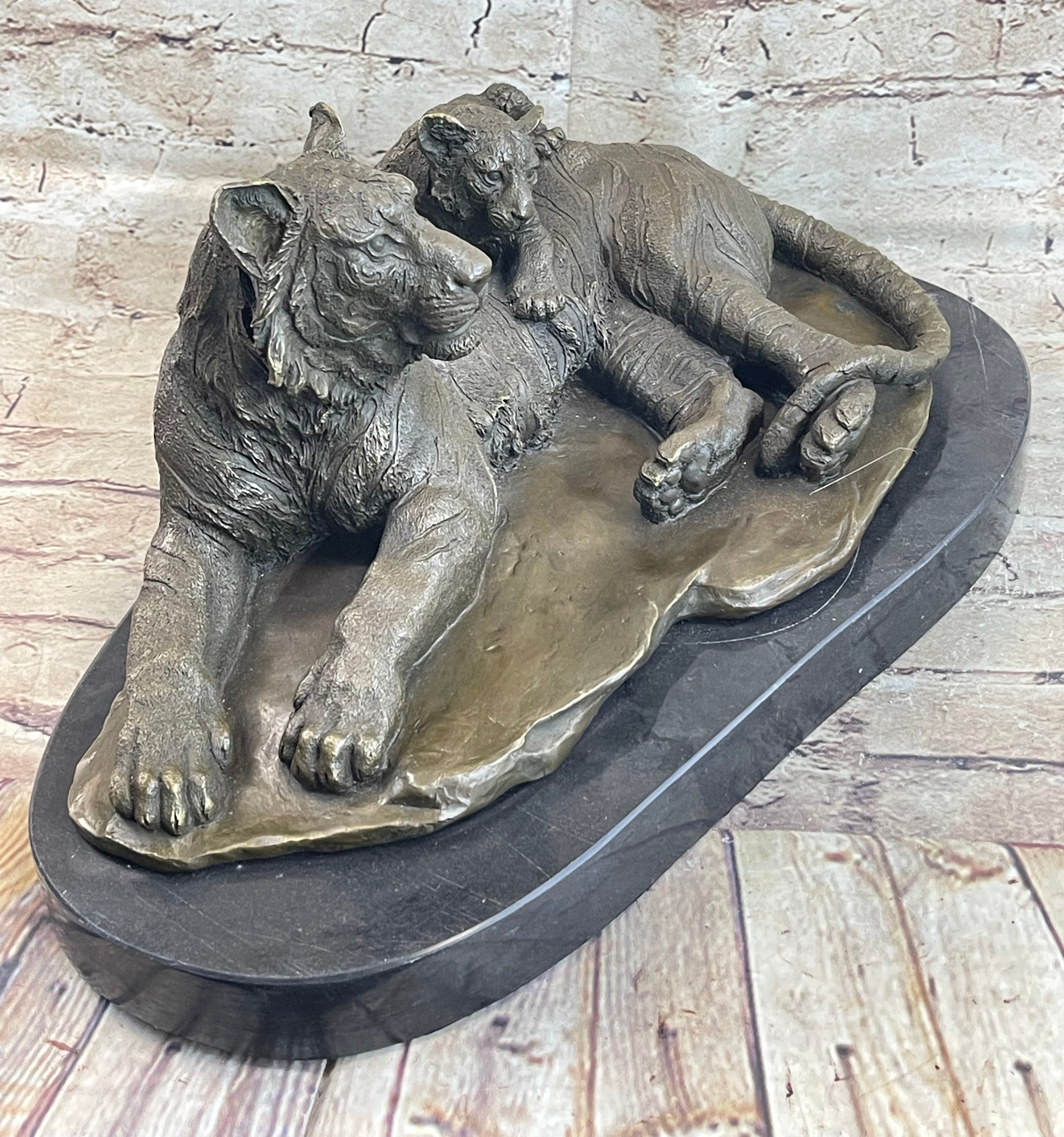 Tiger Family Mother & Cub Bronze Statue Sculpture Figure Marble Base Original Art 8" x 16"