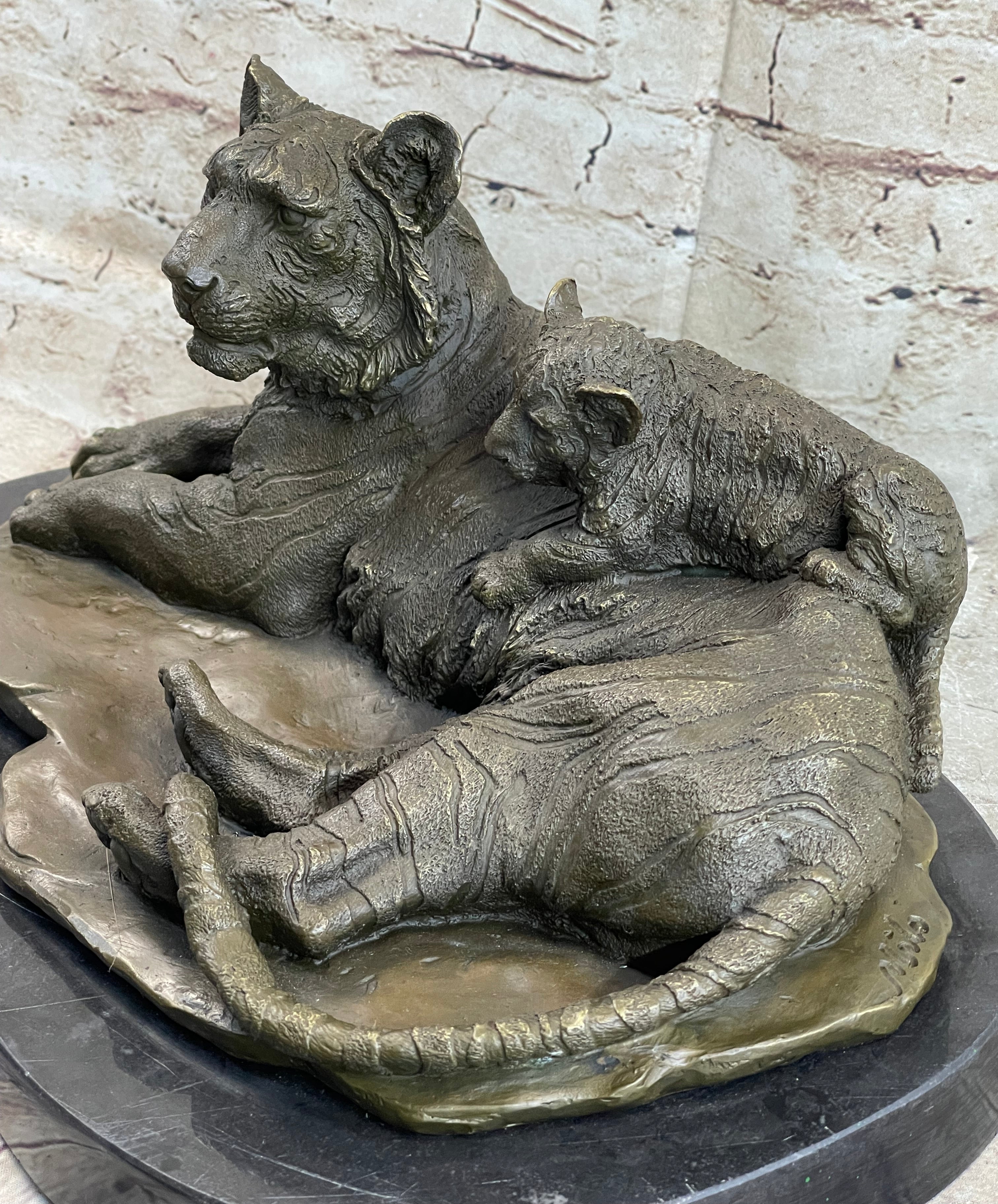 Tiger Family Mother & Cub Bronze Statue Sculpture Figure Marble Base Original Art 8" x 16"