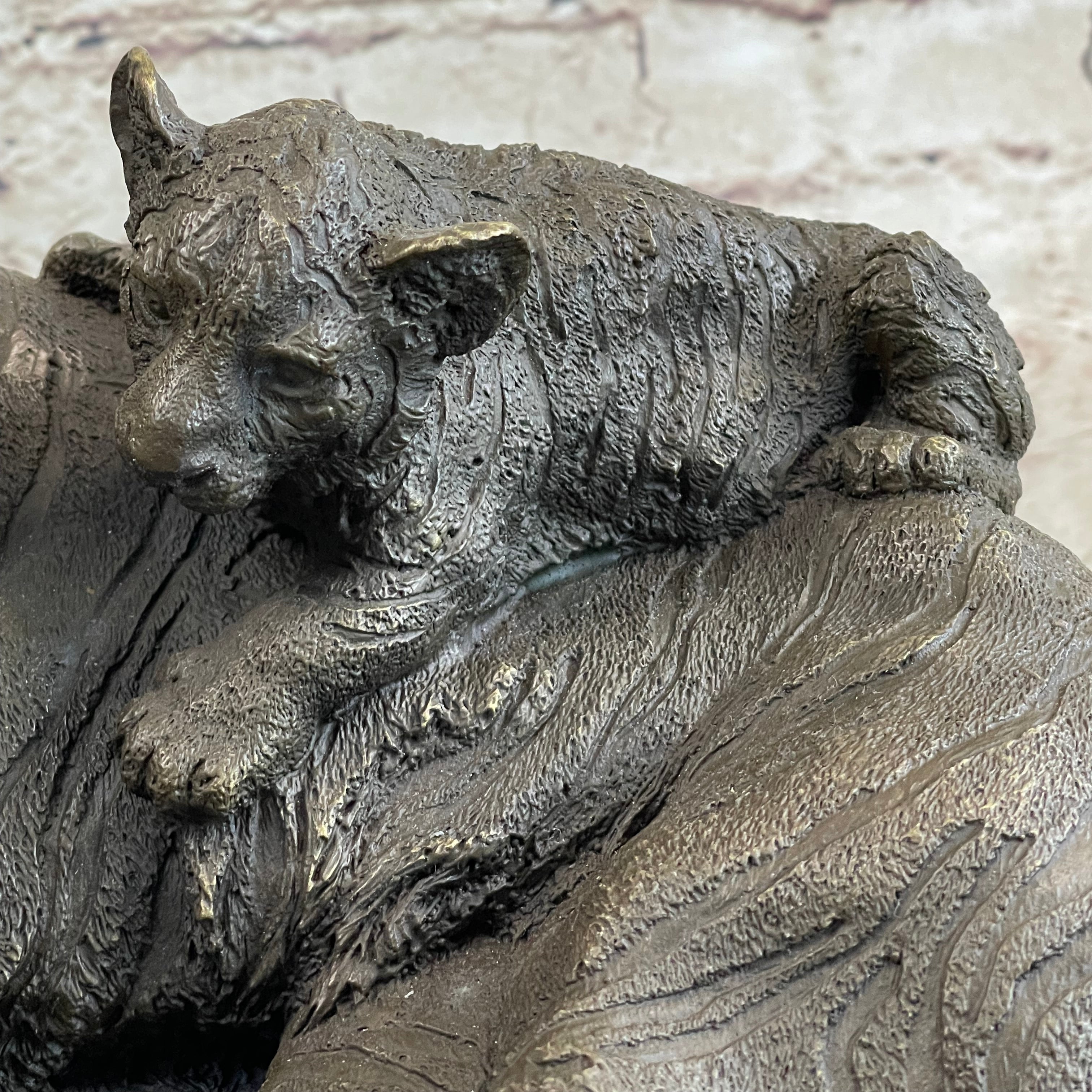Tiger Family Mother & Cub Bronze Statue Sculpture Figure Marble Base Original Art 8" x 16"