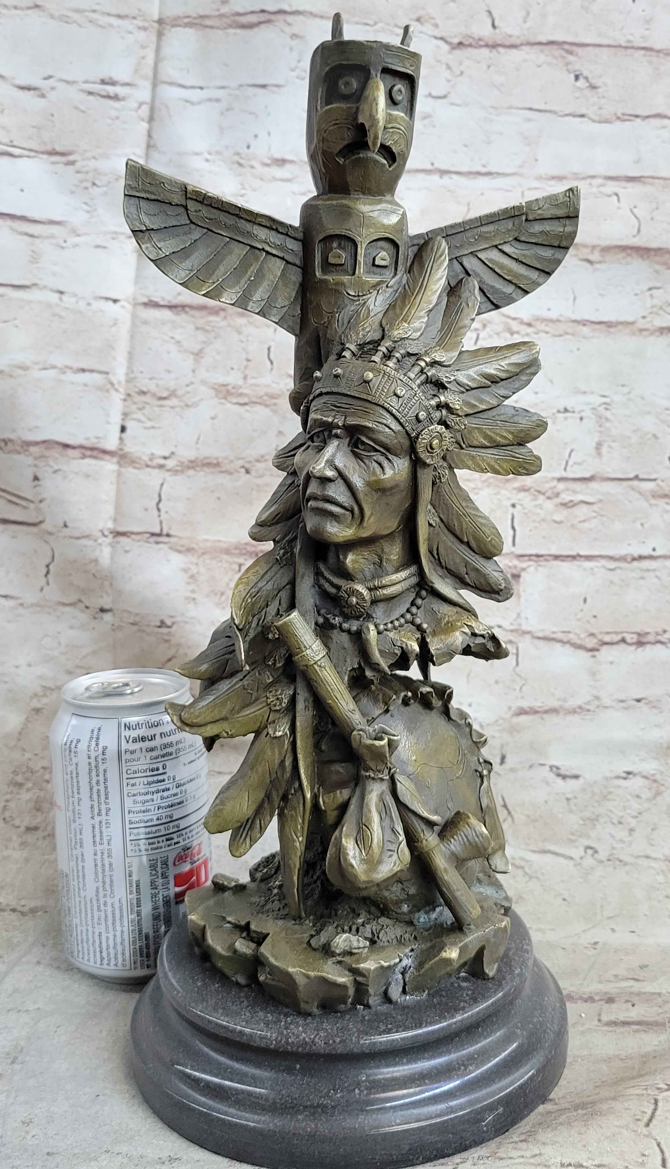 Signed Original Fisher Indian Warrior With Totem Pole Bird Bronze Statue Sculpture