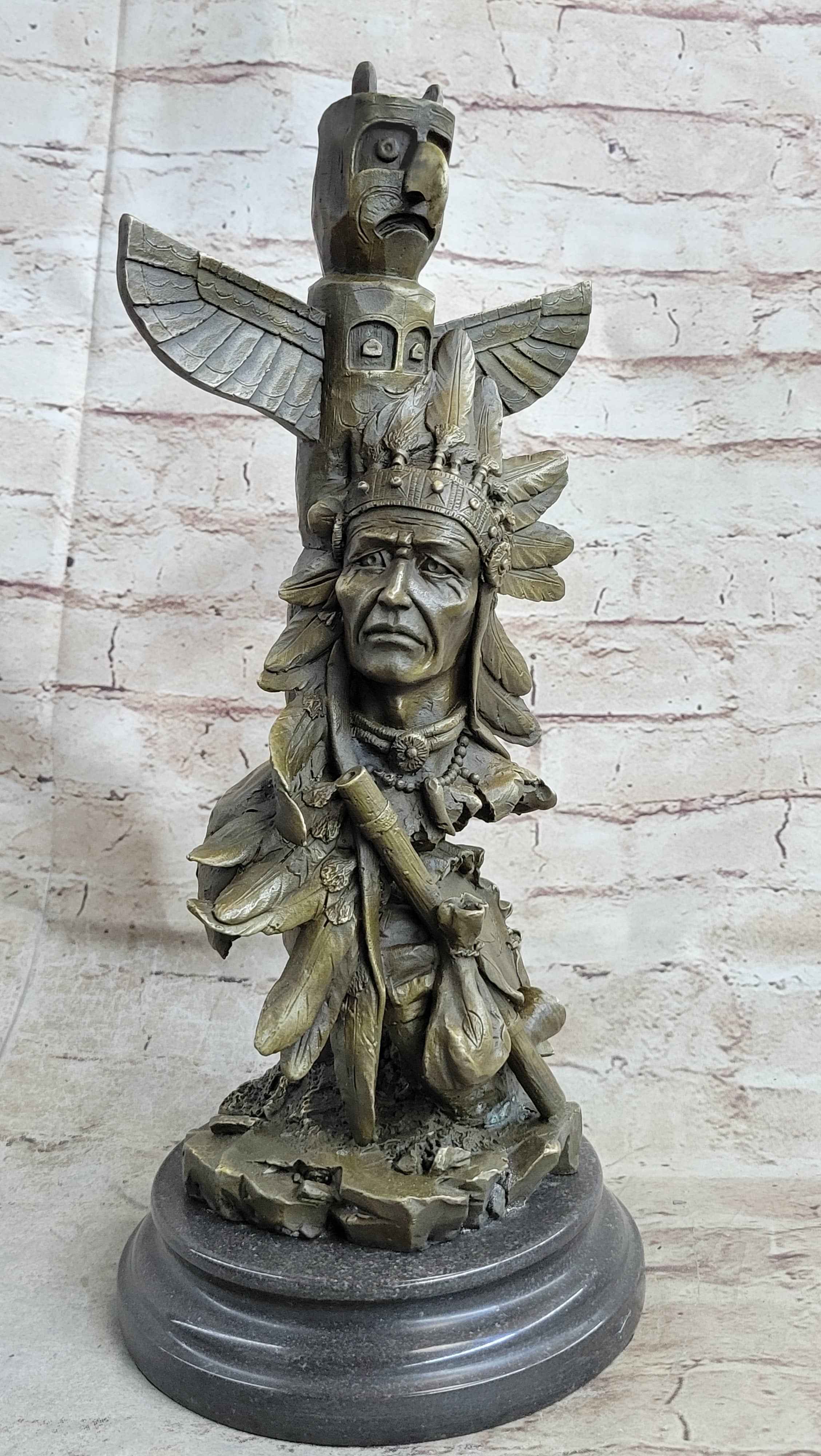 Signed Original Fisher Indian Warrior With Totem Pole Bird Bronze Statue Sculpture