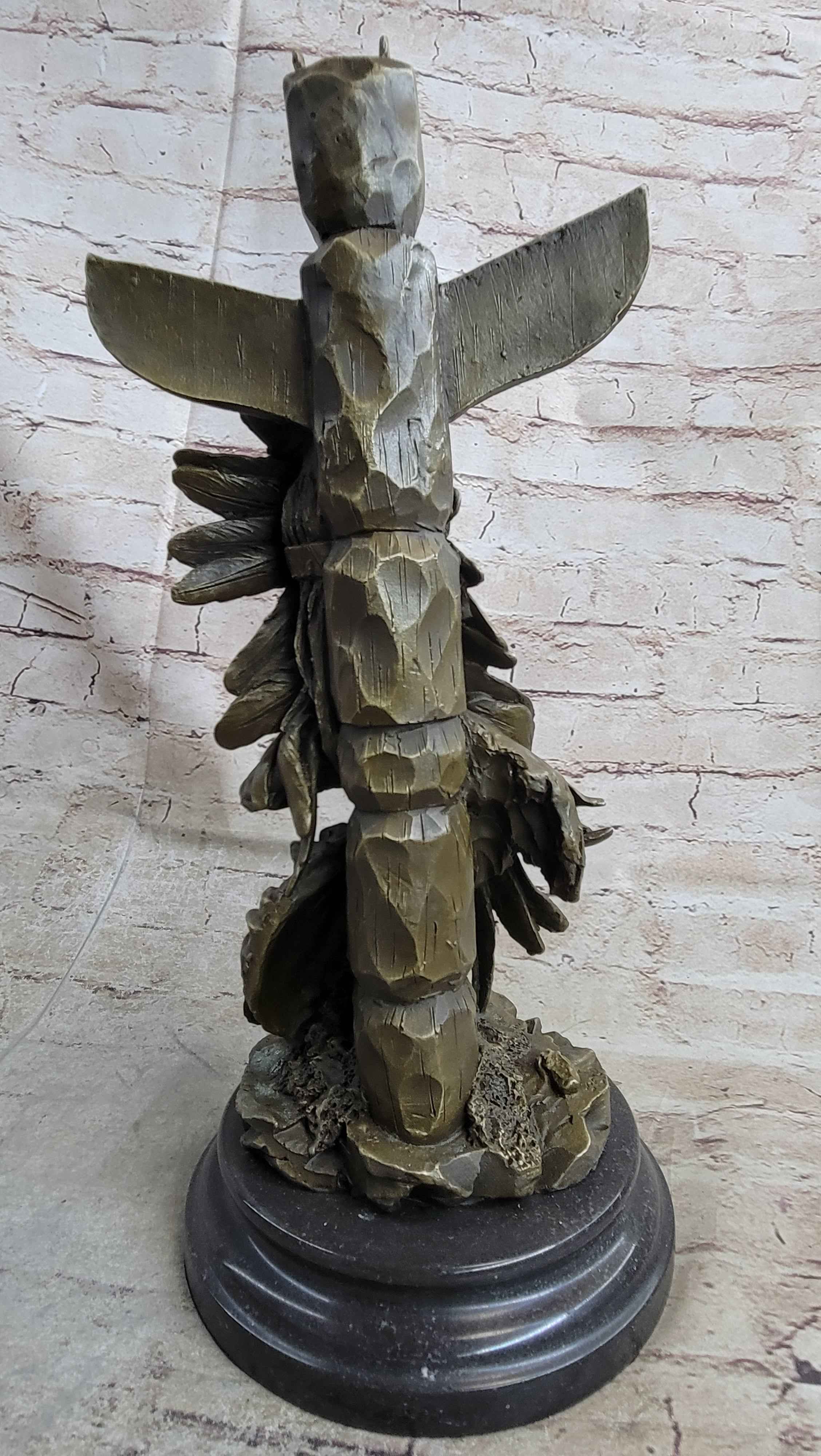 Signed Original Fisher Indian Warrior With Totem Pole Bird Bronze Statue Sculpture
