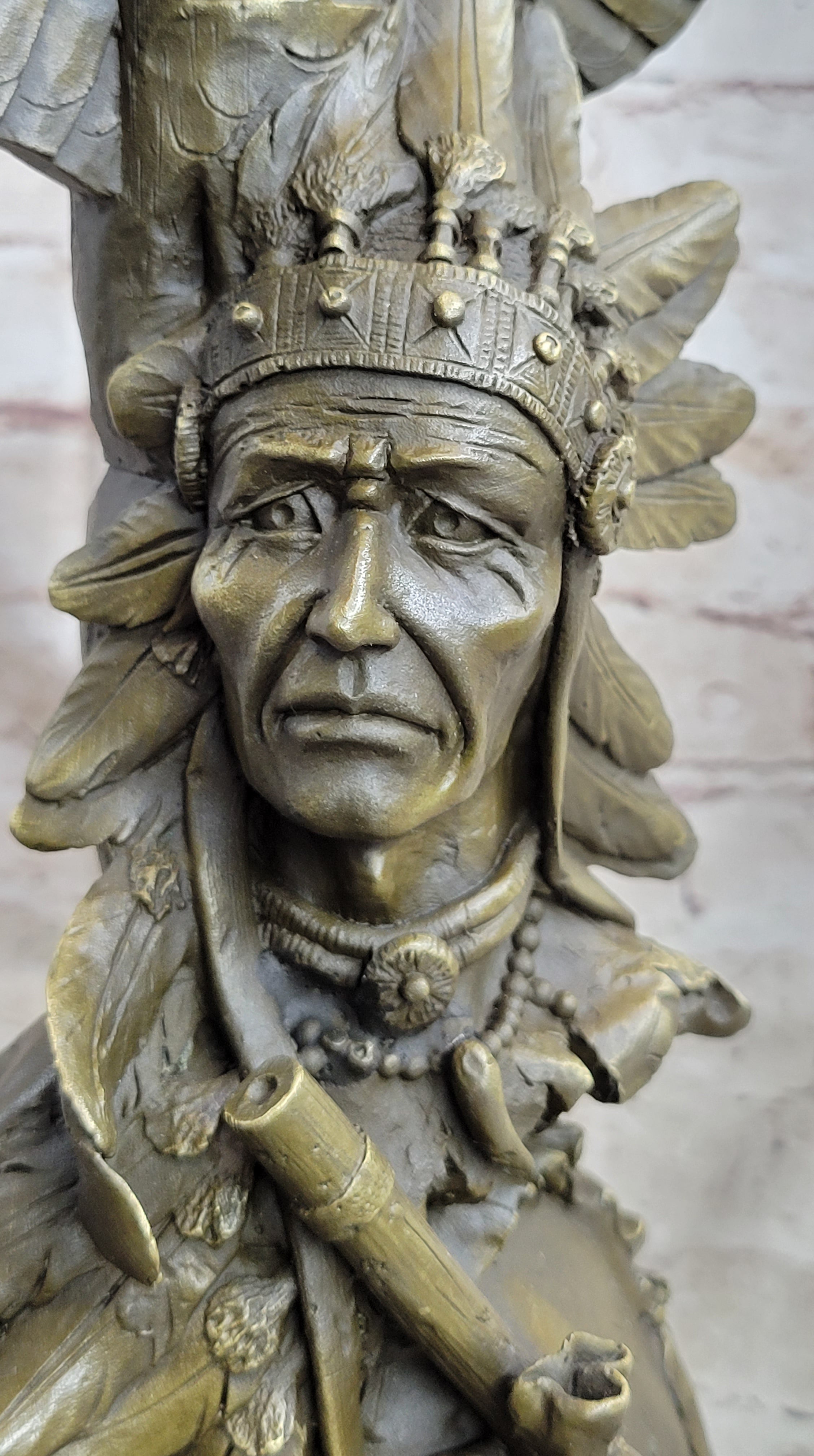 Signed Original Fisher Indian Warrior With Totem Pole Bird Bronze Statue Sculpture