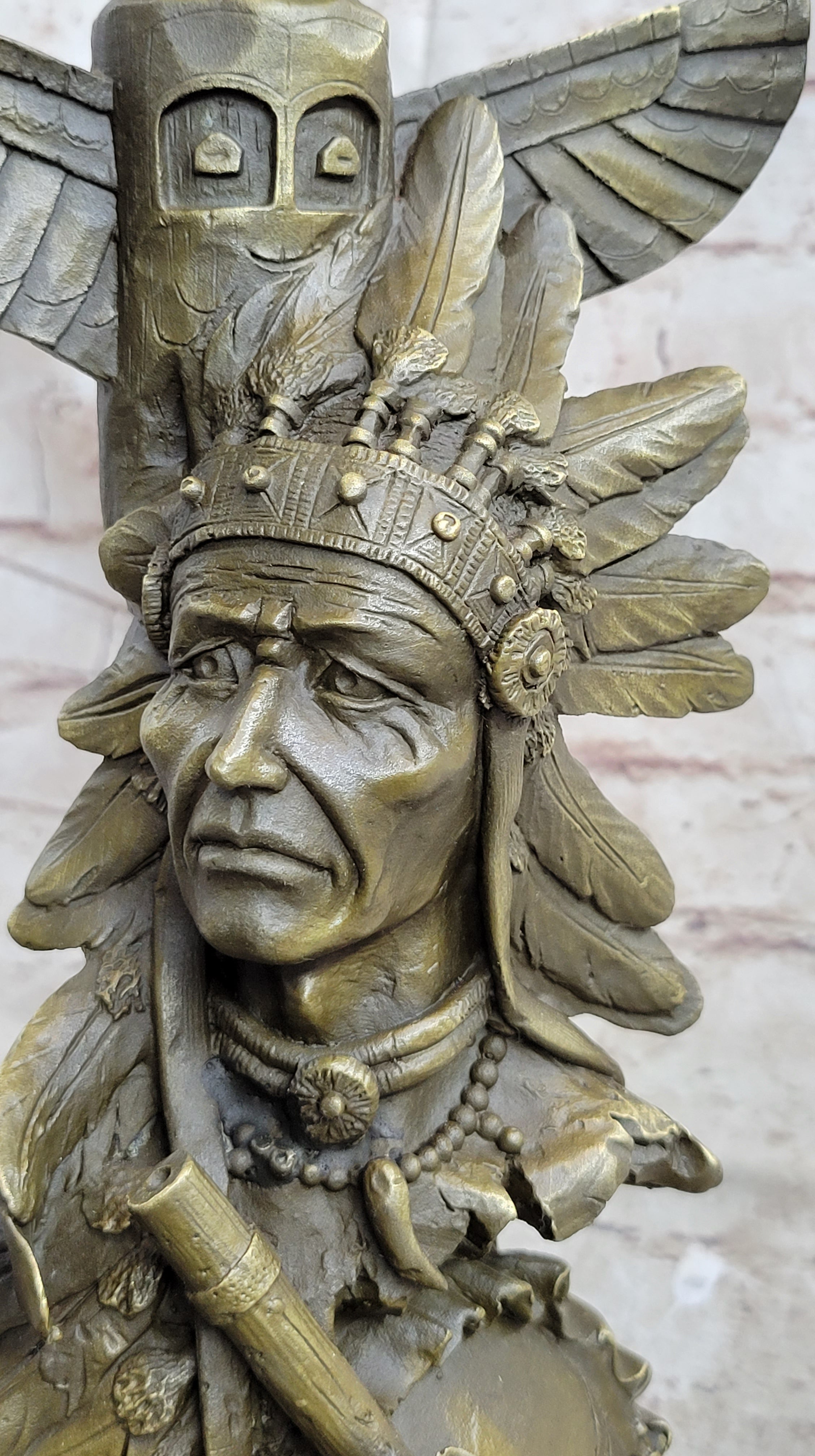 Signed Original Fisher Indian Warrior With Totem Pole Bird Bronze Statue Sculpture