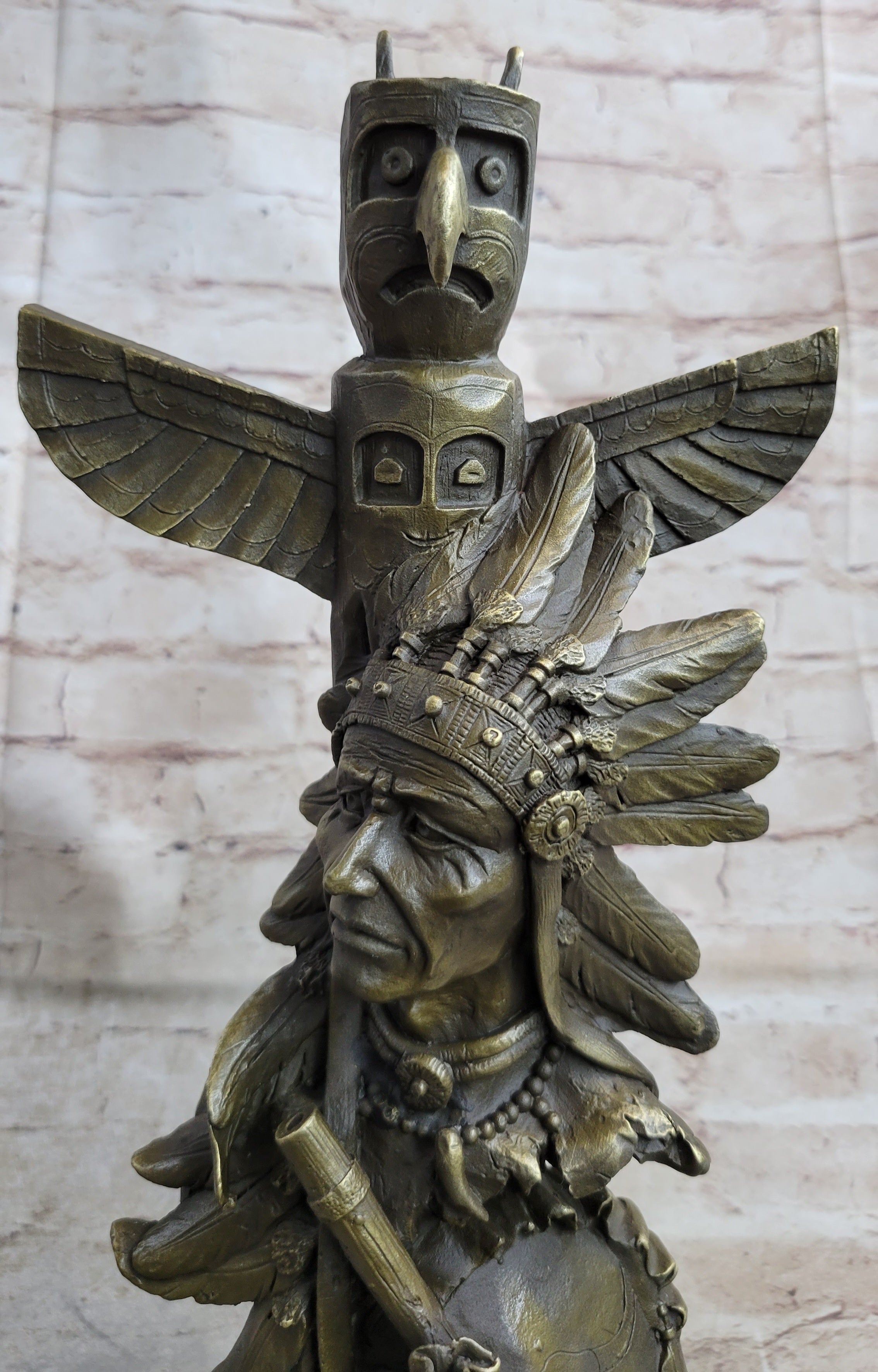 Signed Original Fisher Indian Warrior With Totem Pole Bird Bronze Statue Sculpture