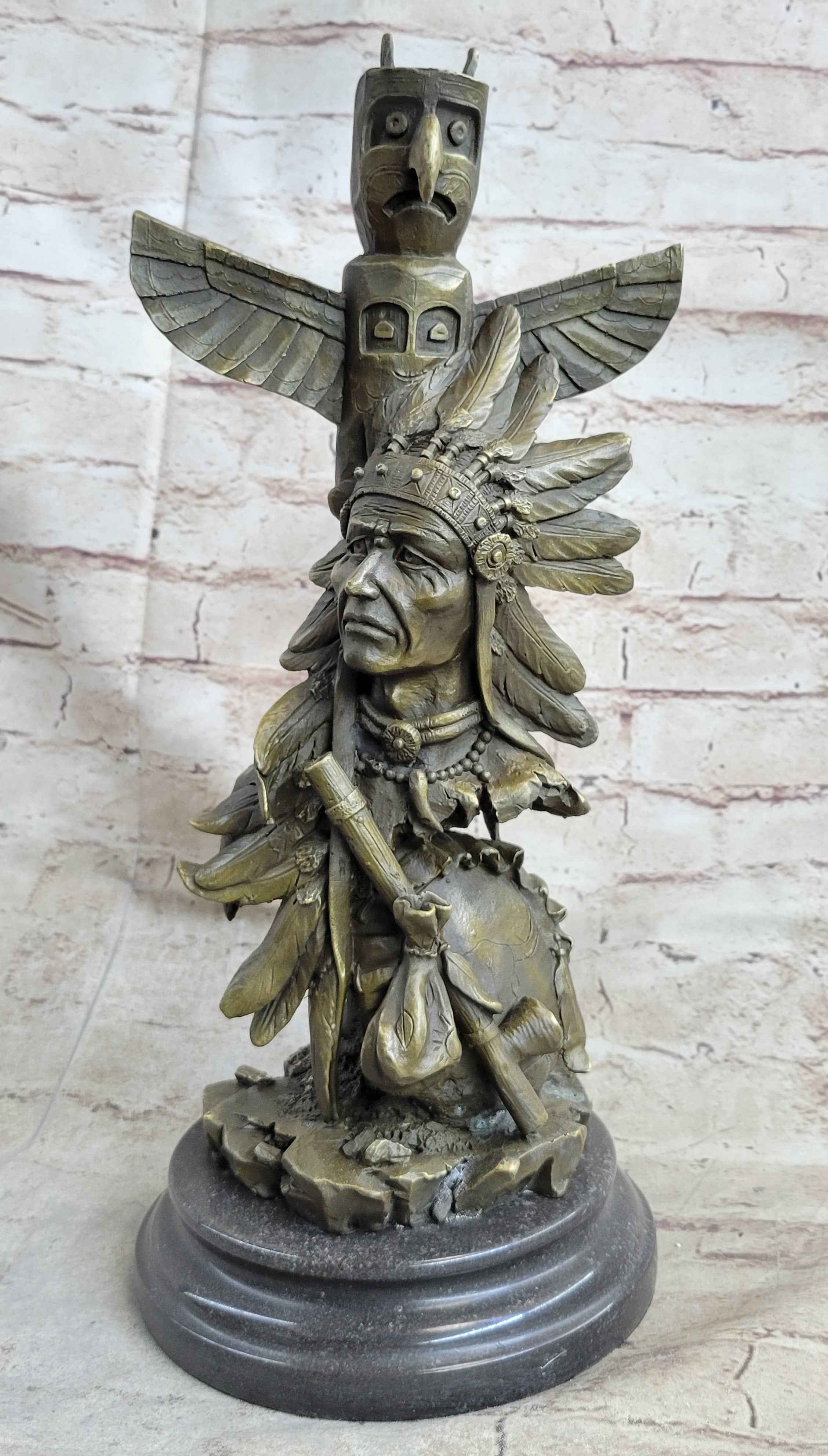 Signed Original Fisher Indian Warrior With Totem Pole Bird Bronze Statue Sculpture