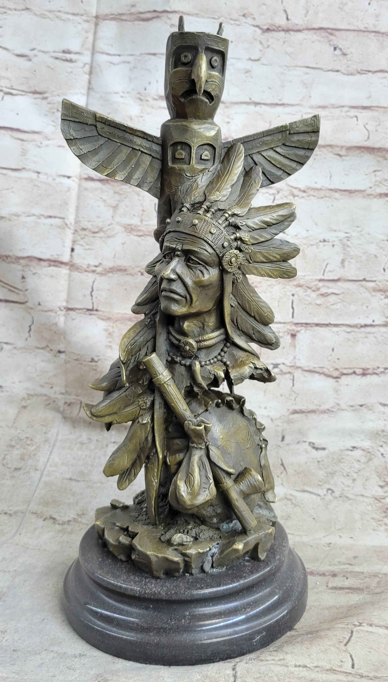 Signed Original Fisher Indian Warrior With Totem Pole Bird Bronze Statue Sculpture