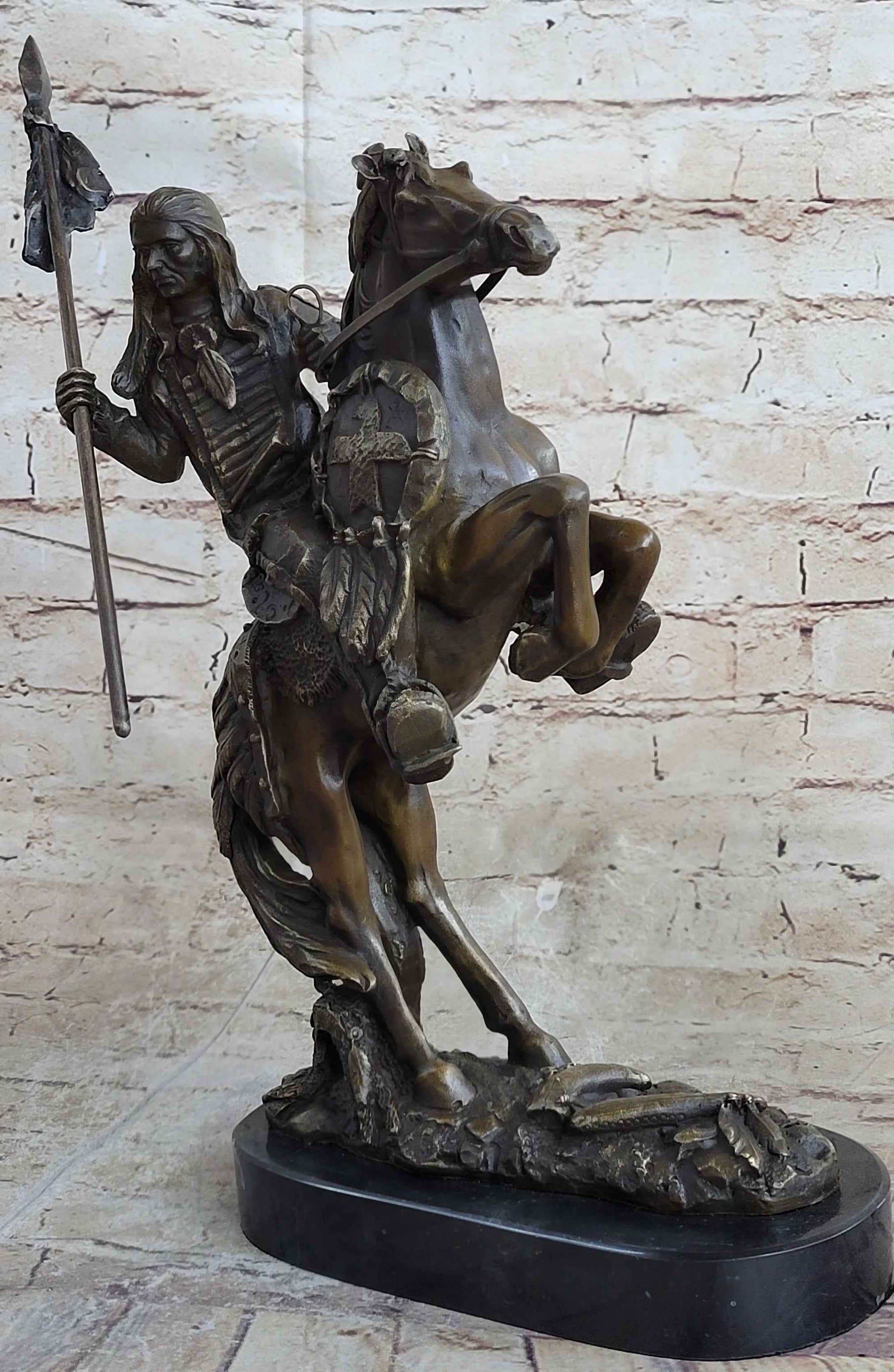 Modern Art Detailed American Indian Chief Riding Horse Bronze Figurine Sculpture