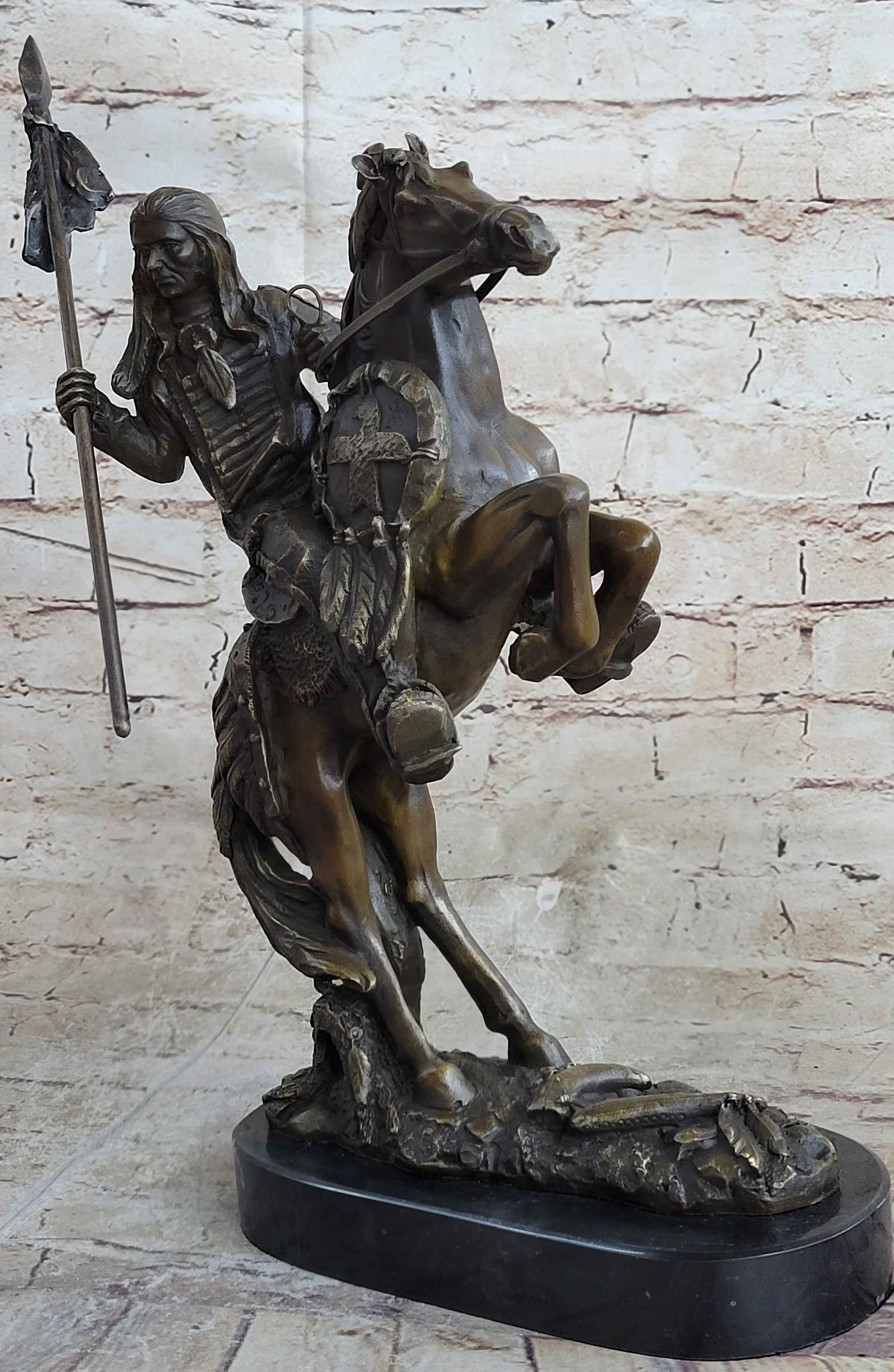 Modern Art Detailed American Indian Chief Riding Horse Bronze Figurine Sculpture