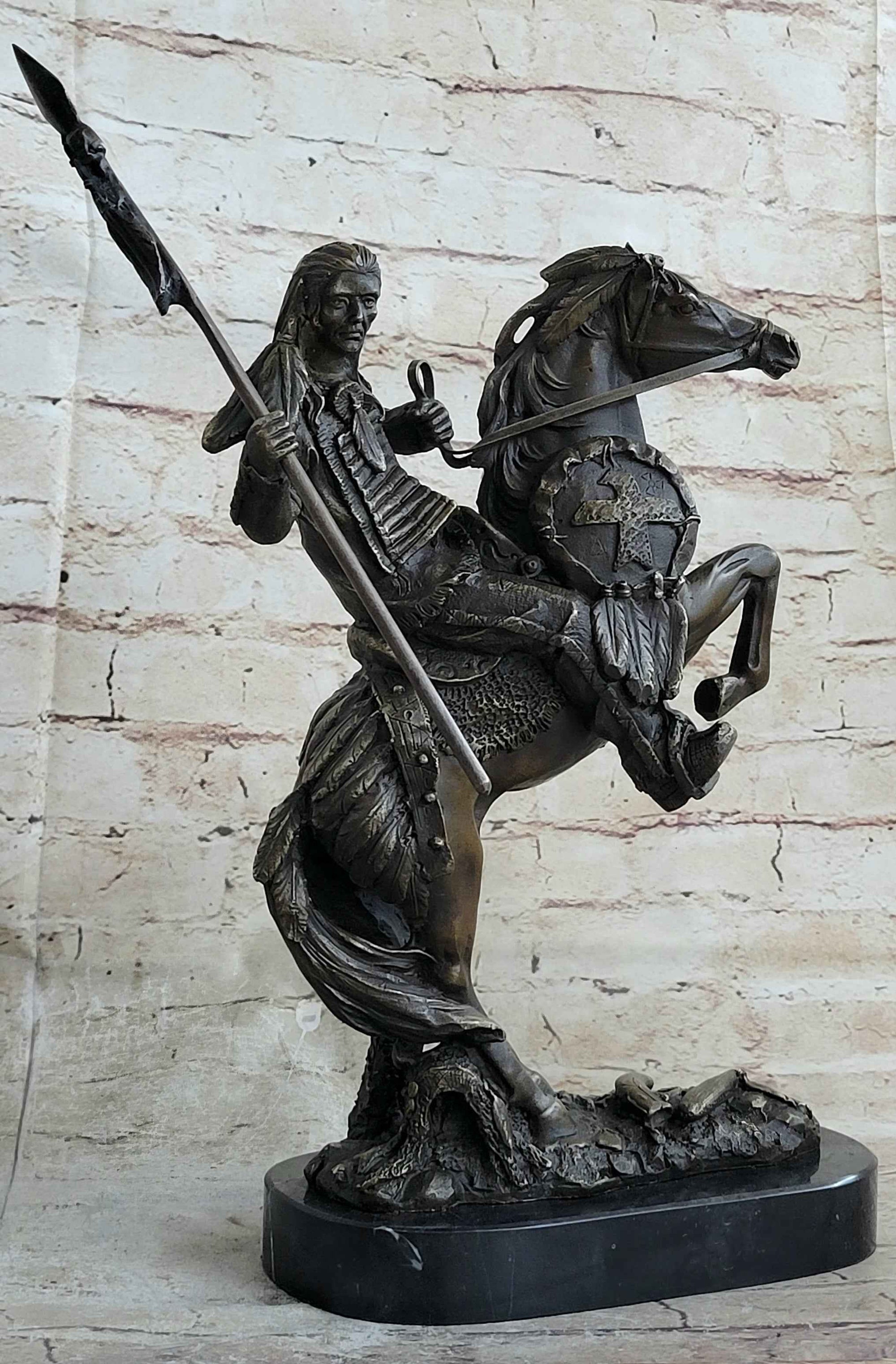 Modern Art Detailed American Indian Chief Riding Horse Bronze Figurine Sculpture
