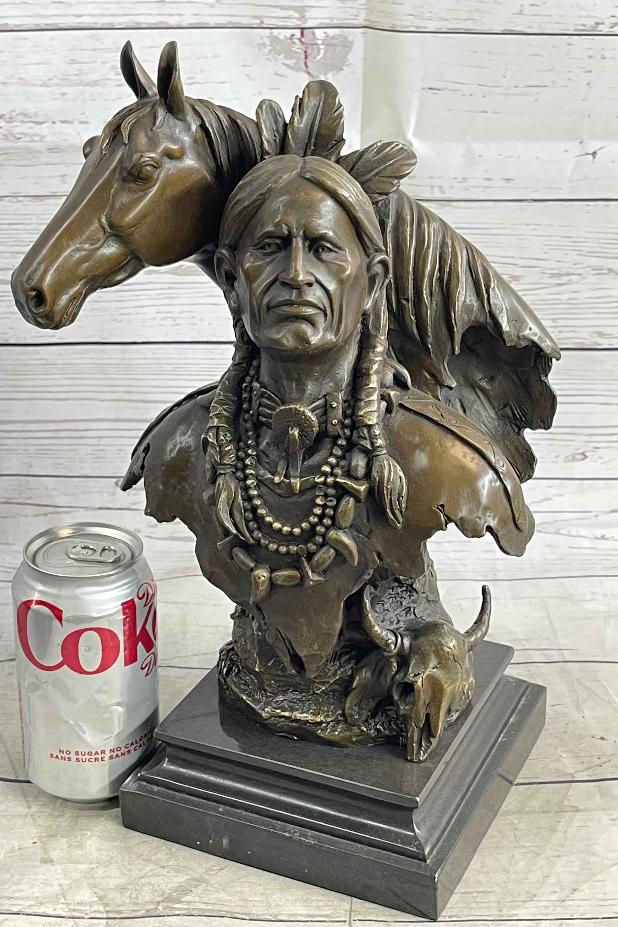 Native American Man & Horse Bronze Bust Statue Sculpture Western Art 14" x 10"