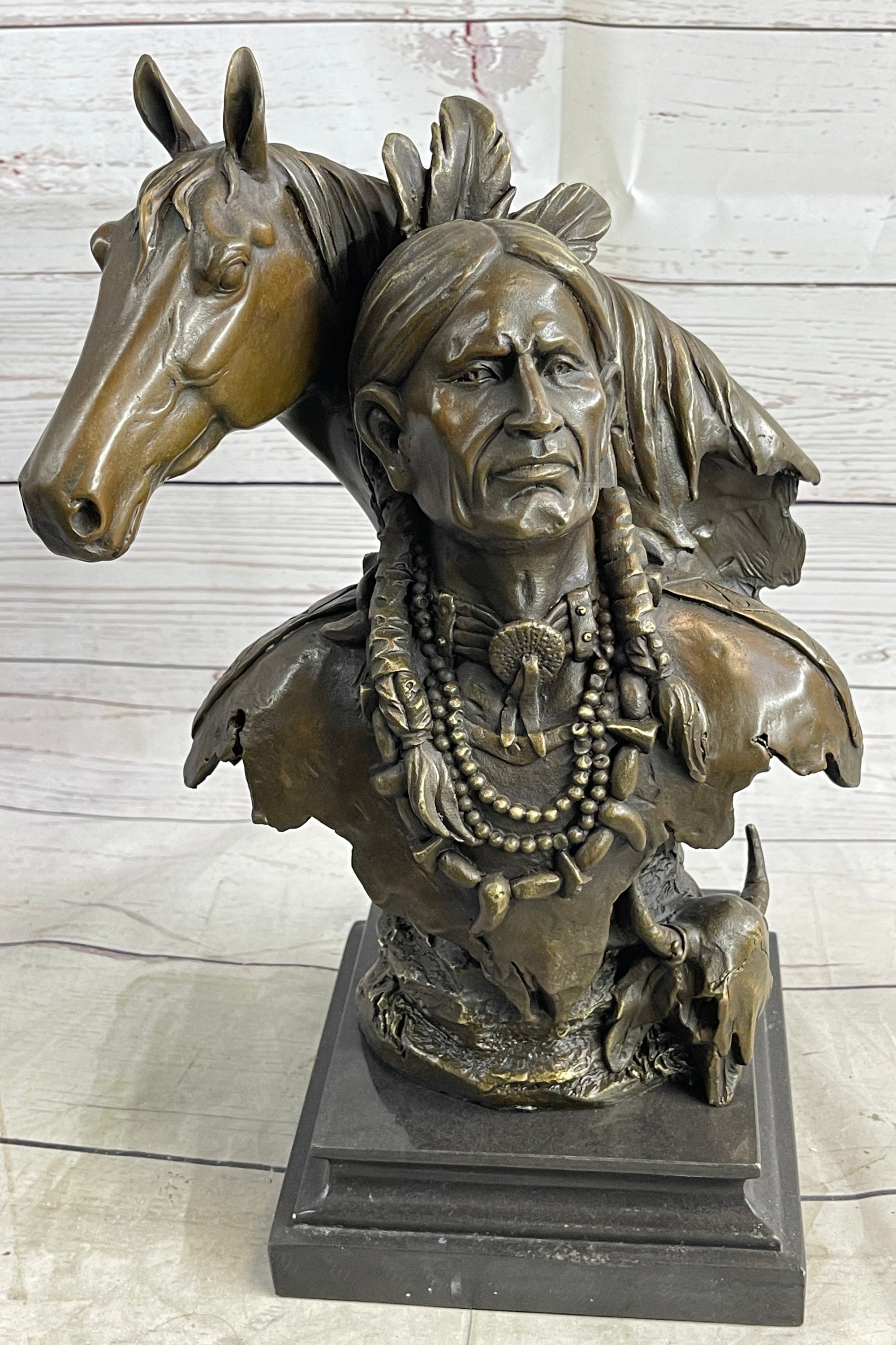 Native American Man & Horse Bronze Bust Statue Sculpture Western Art 14" x 10"