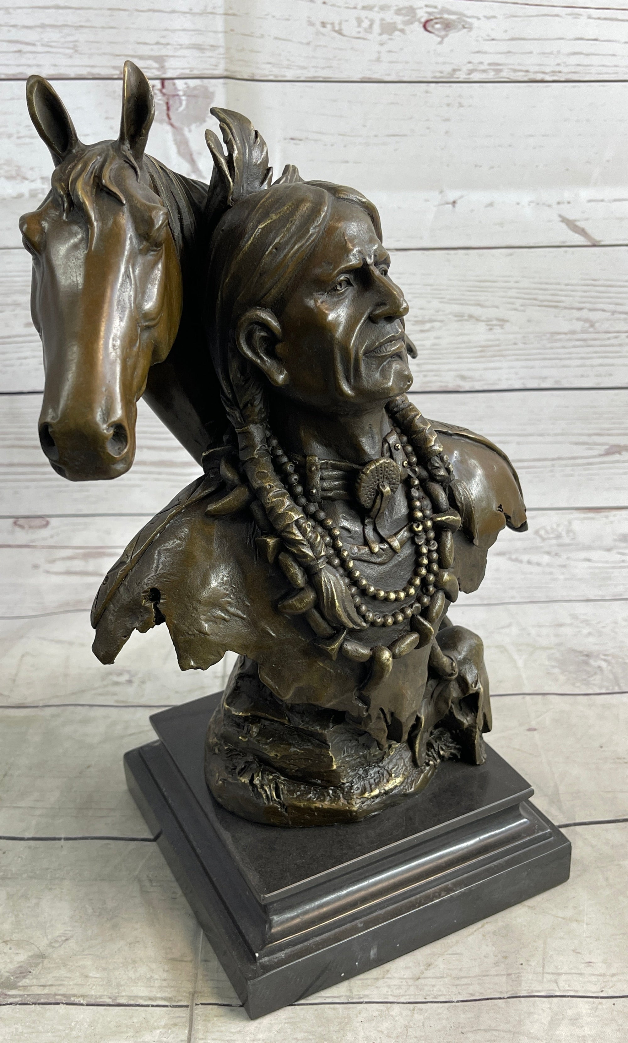 Native American Man & Horse Bronze Bust Statue Sculpture Western Art 14" x 10"