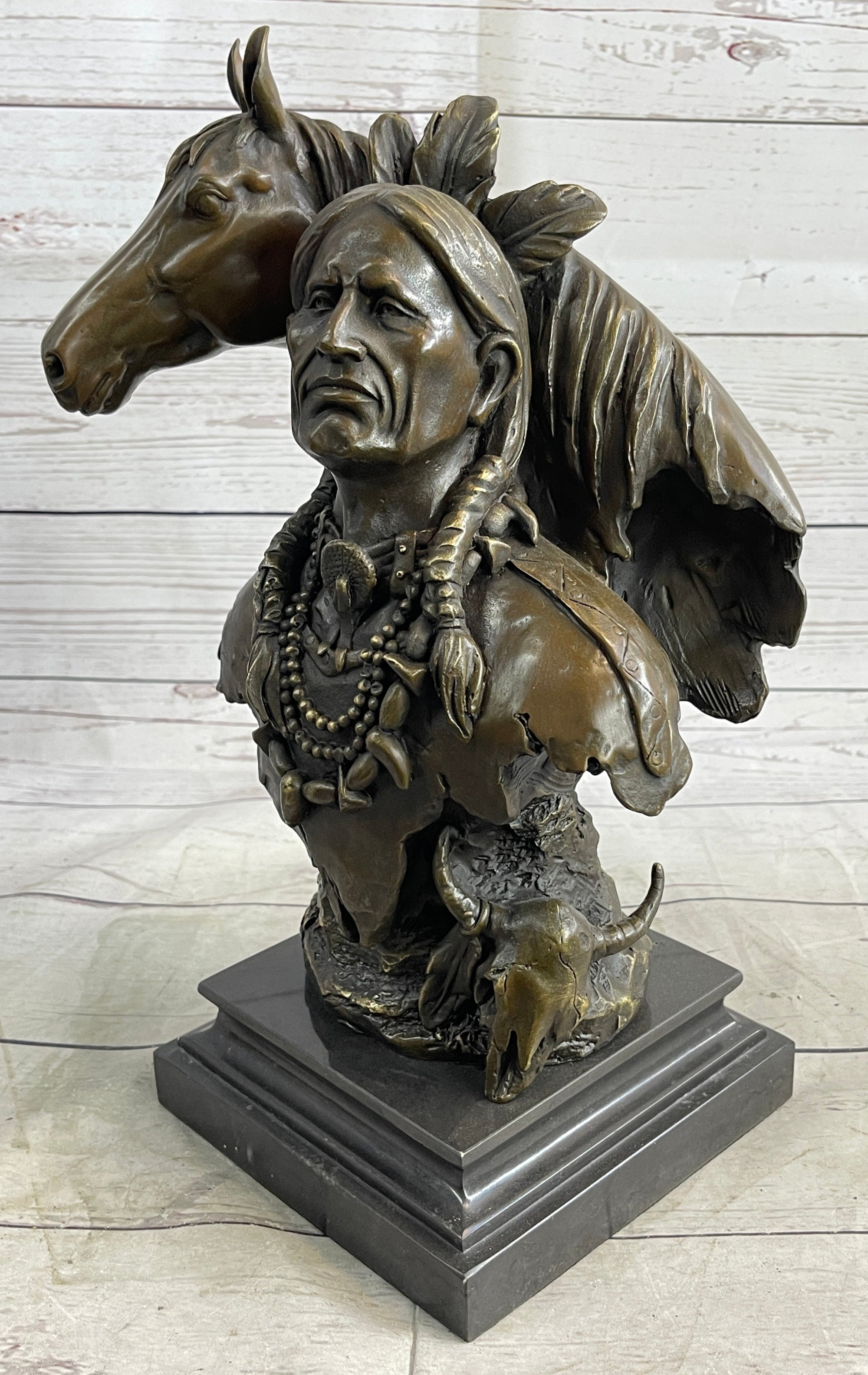 Native American Man & Horse Bronze Bust Statue Sculpture Western Art 14" x 10"
