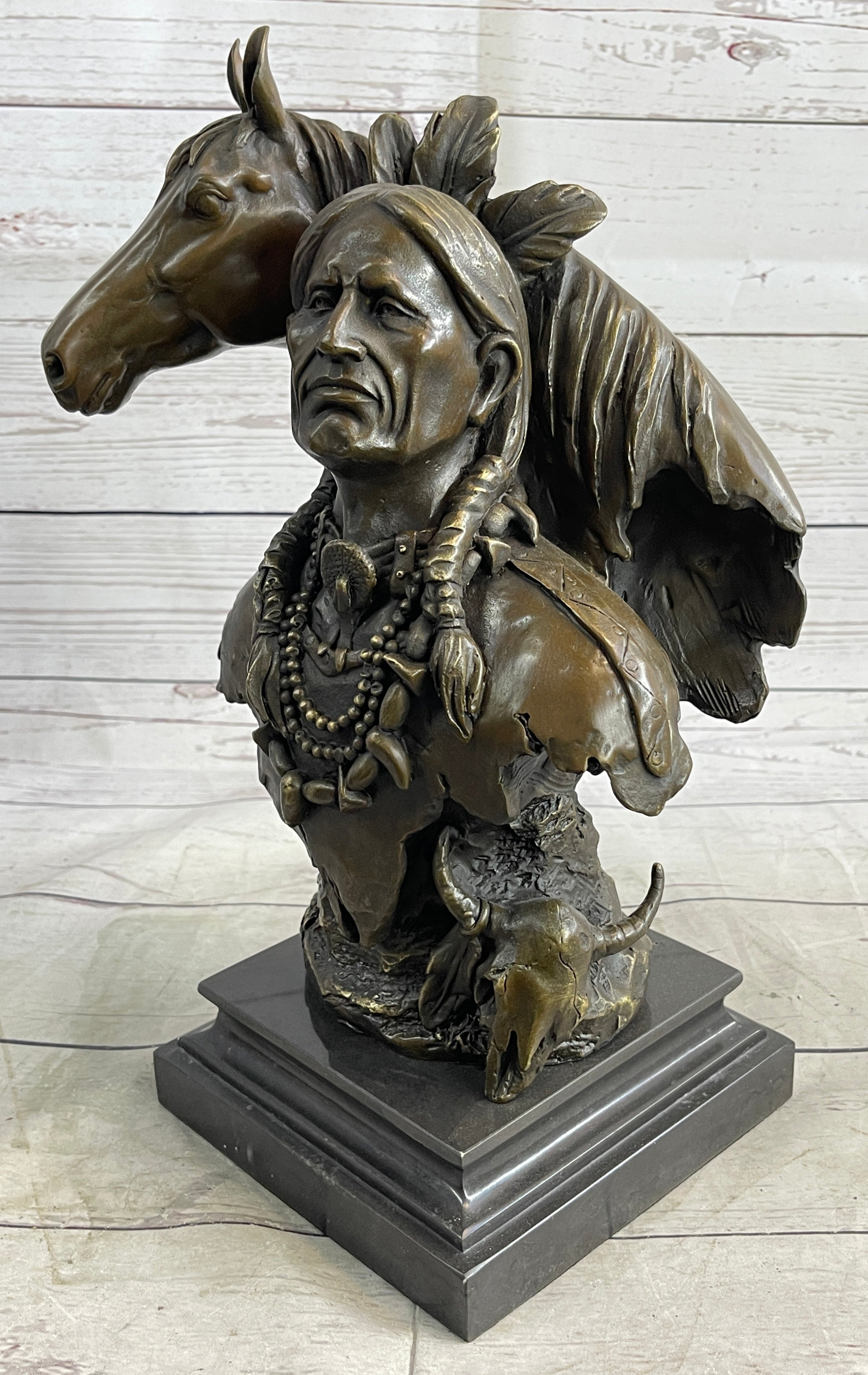 Native American Man & Horse Bronze Bust Statue Sculpture Western Art 14" x 10"
