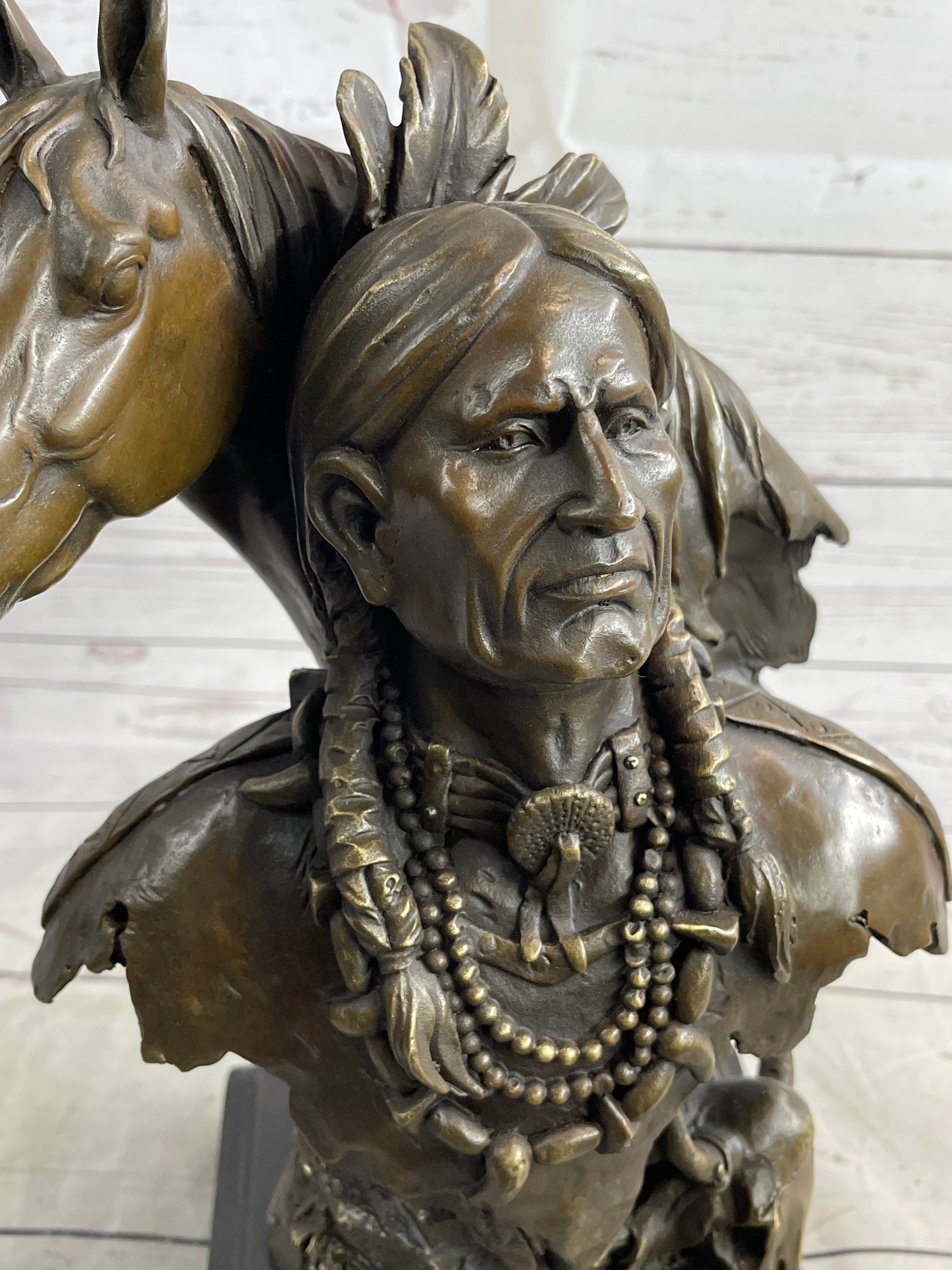 Native American Man & Horse Bronze Bust Statue Sculpture Western Art 14" x 10"