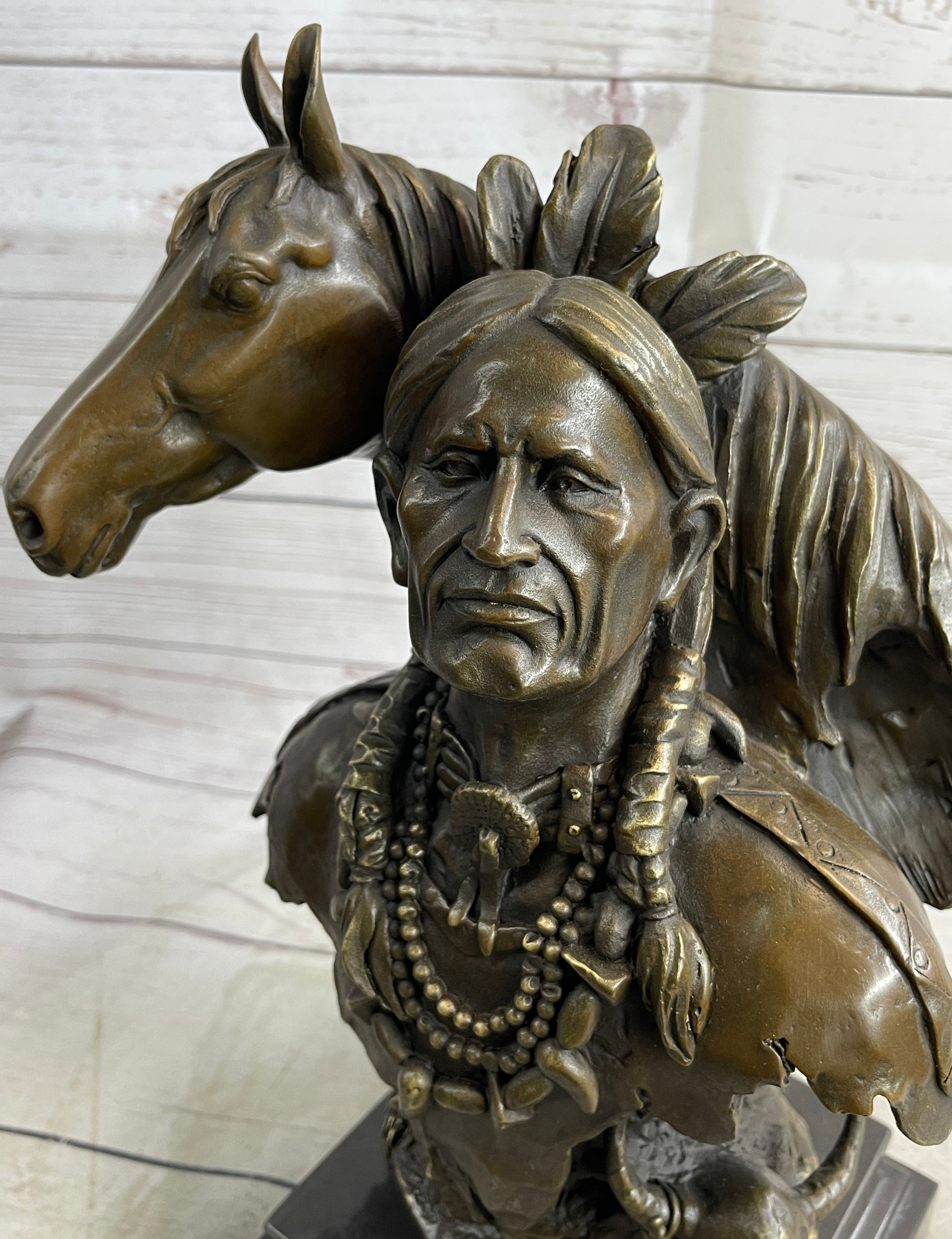 Native American Man & Horse Bronze Bust Statue Sculpture Western Art 14" x 10"