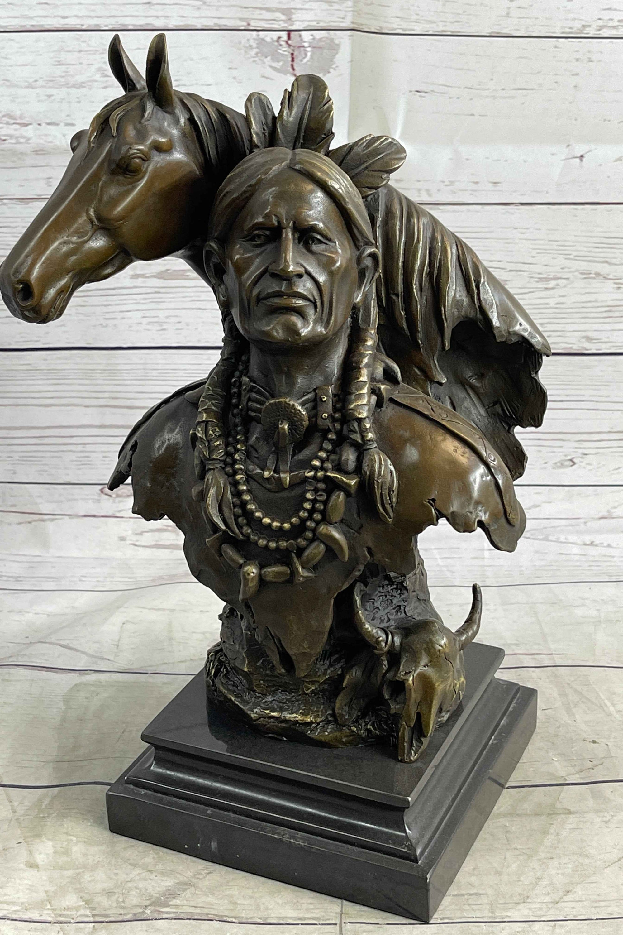 Native American Man & Horse Bronze Bust Statue Sculpture Western Art 14" x 10"