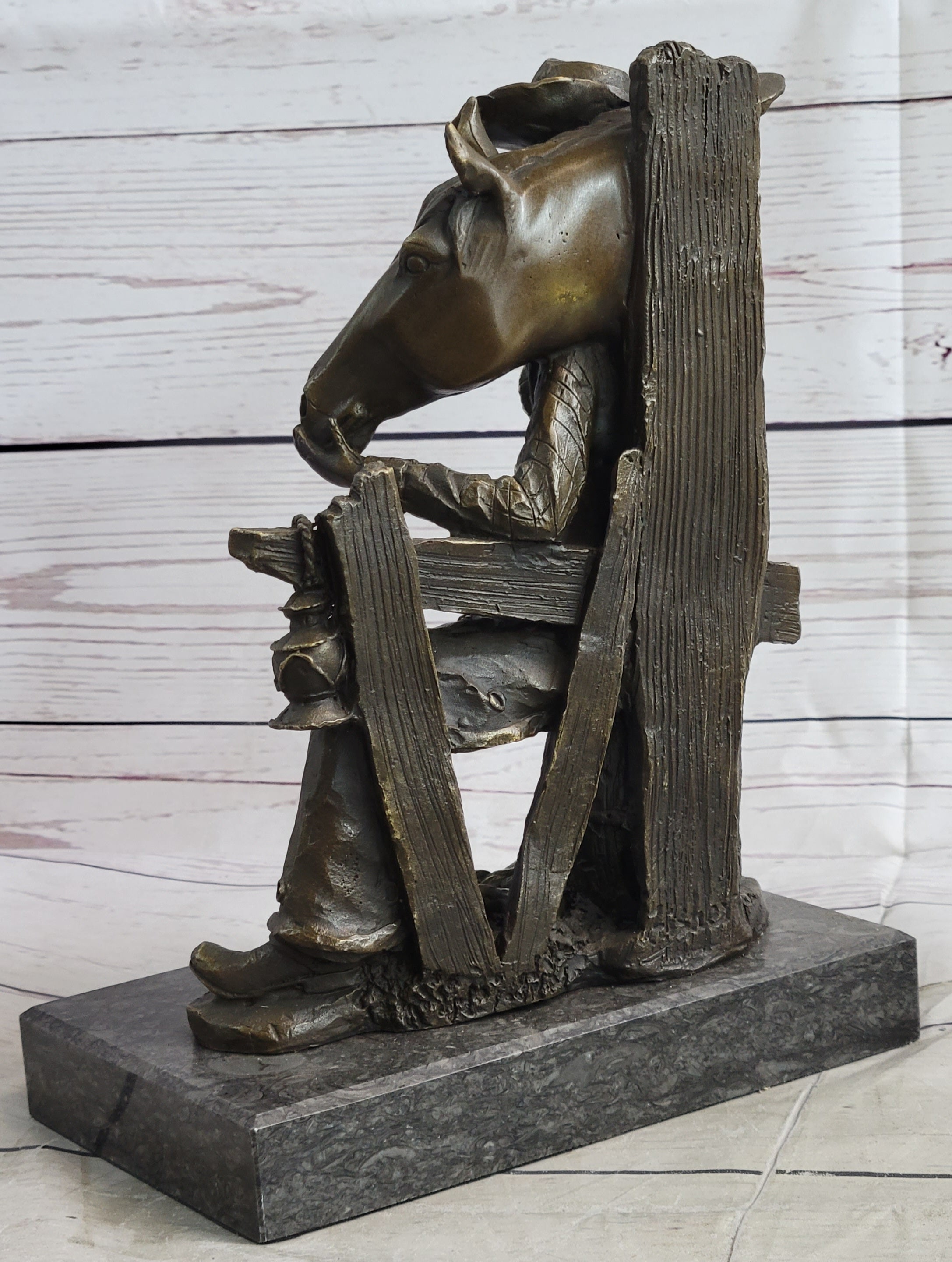 Cowboy & Horse Sitting Having a Drink Bronze Statue Sculpture Country Western