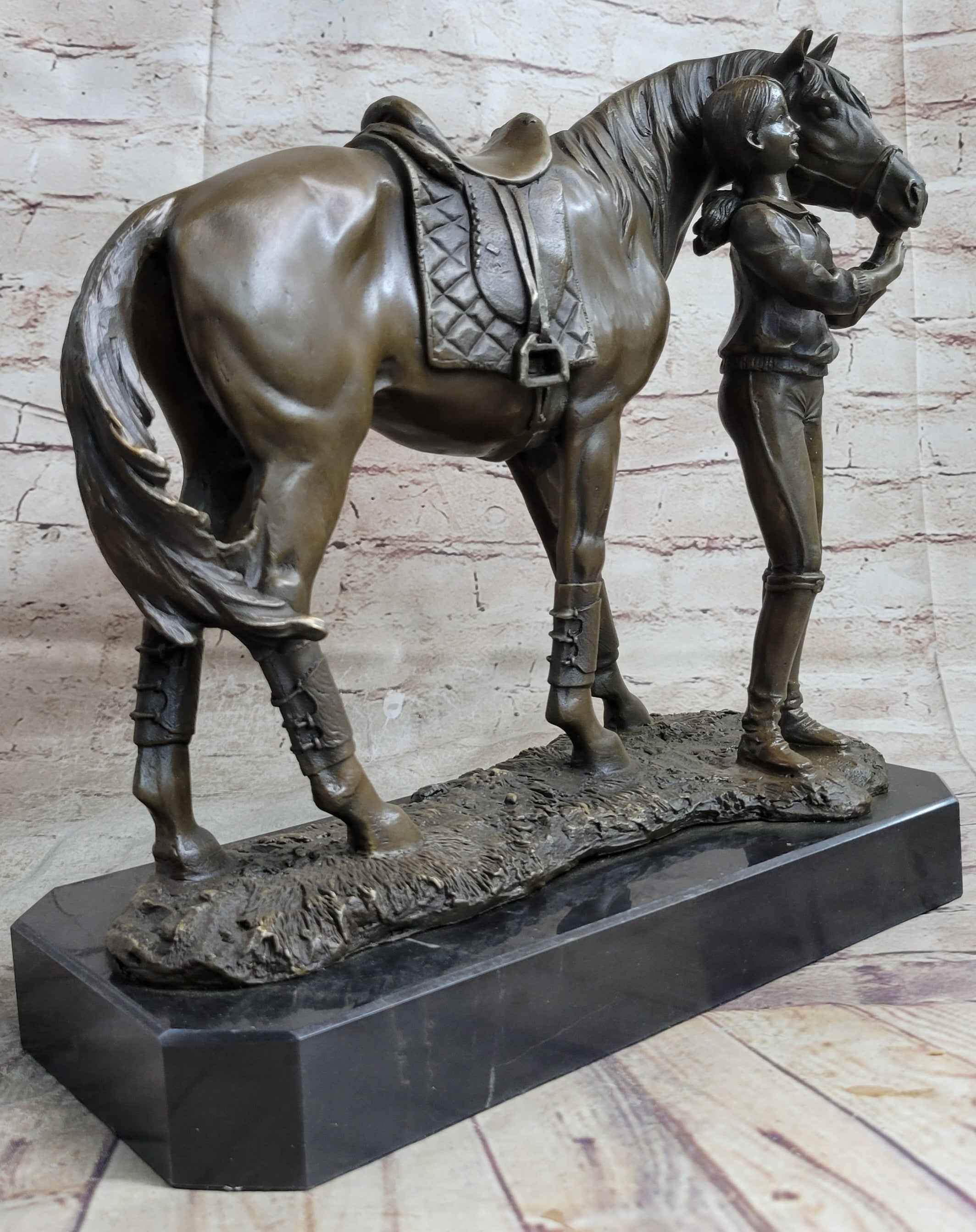 Equestrian Little Girl Child w/ Horse Bronze Statue Sculpture Figurine 11" x 12"
