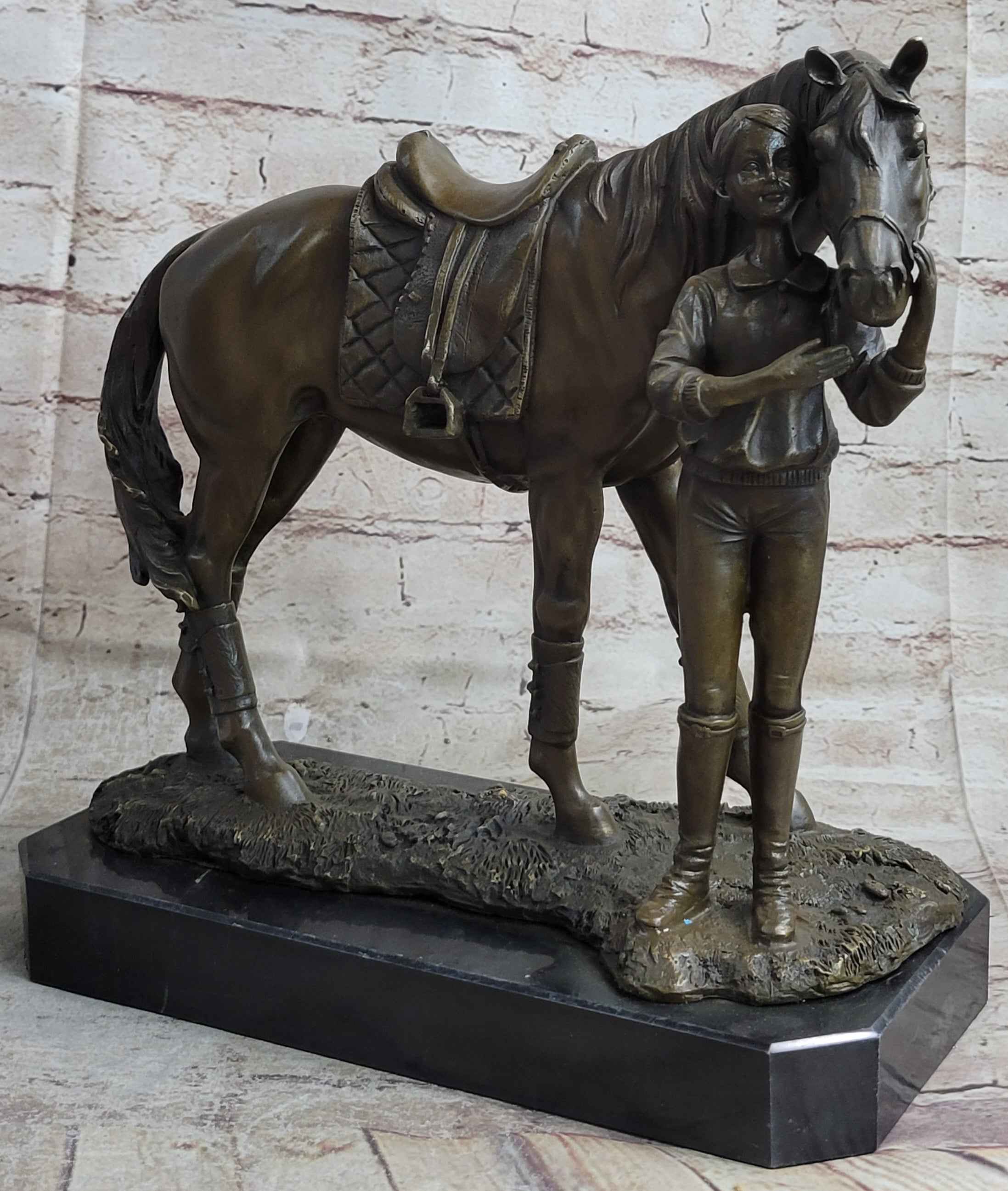 Equestrian Little Girl Child w/ Horse Bronze Statue Sculpture Figurine 11" x 12"