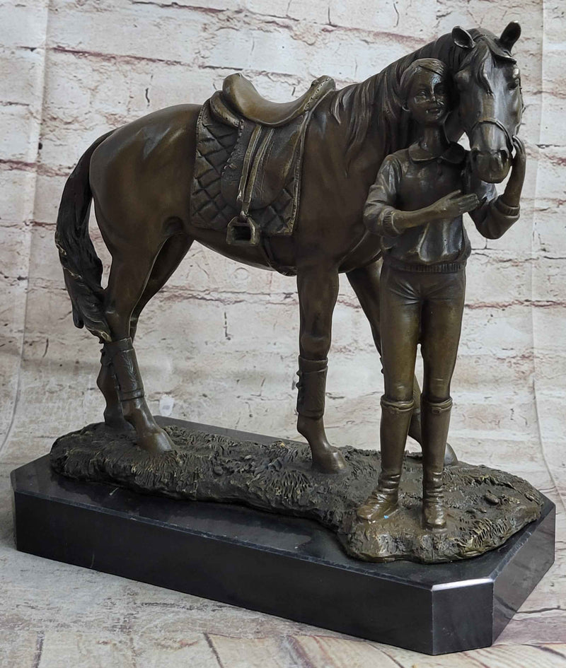 Equestrian Little Girl Child w/ Horse Bronze Statue Sculpture Figurine 11" x 12"