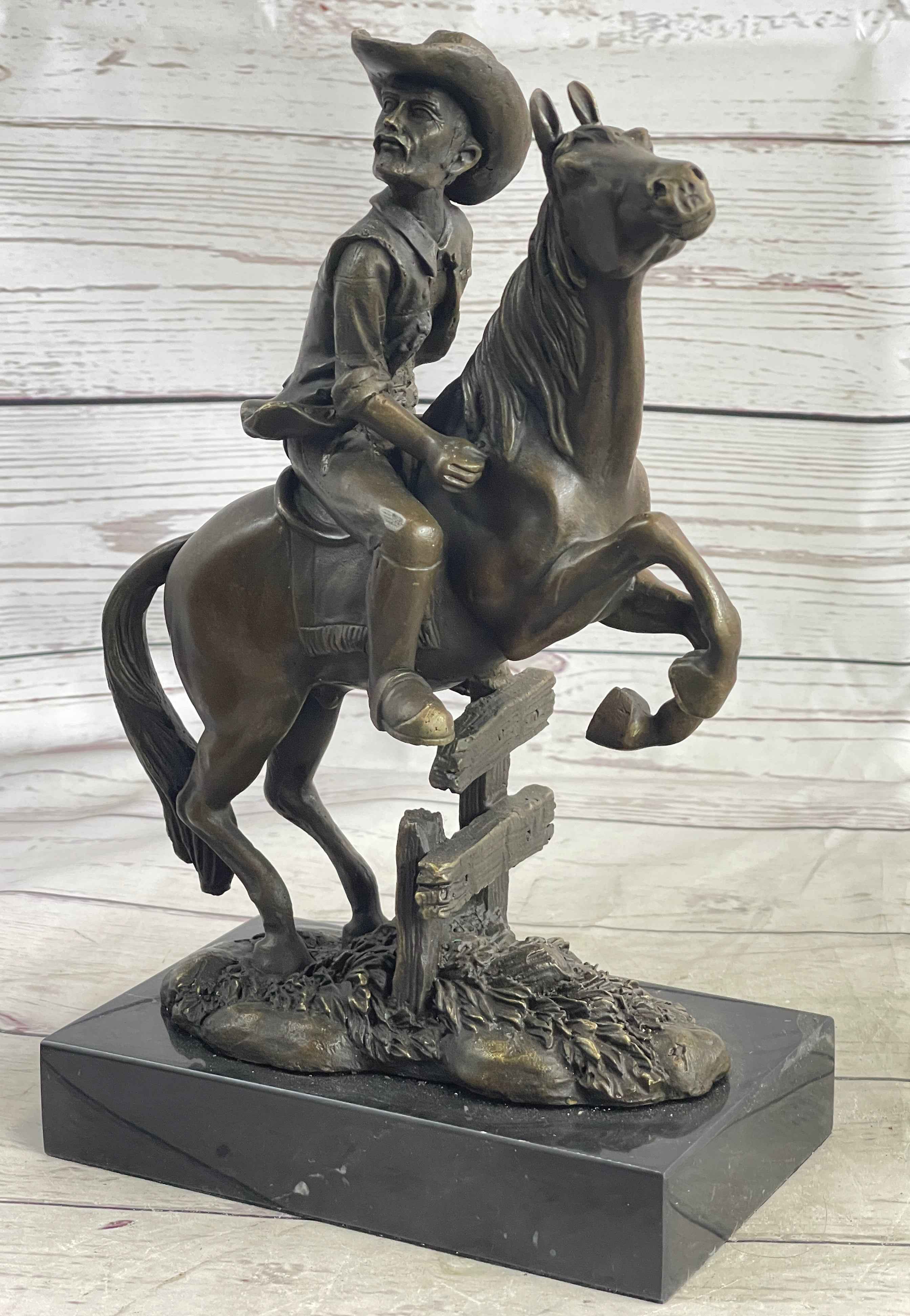 Cowboy on Horseback Hopping a Fence Bronze Sculpture Statue Western Decor