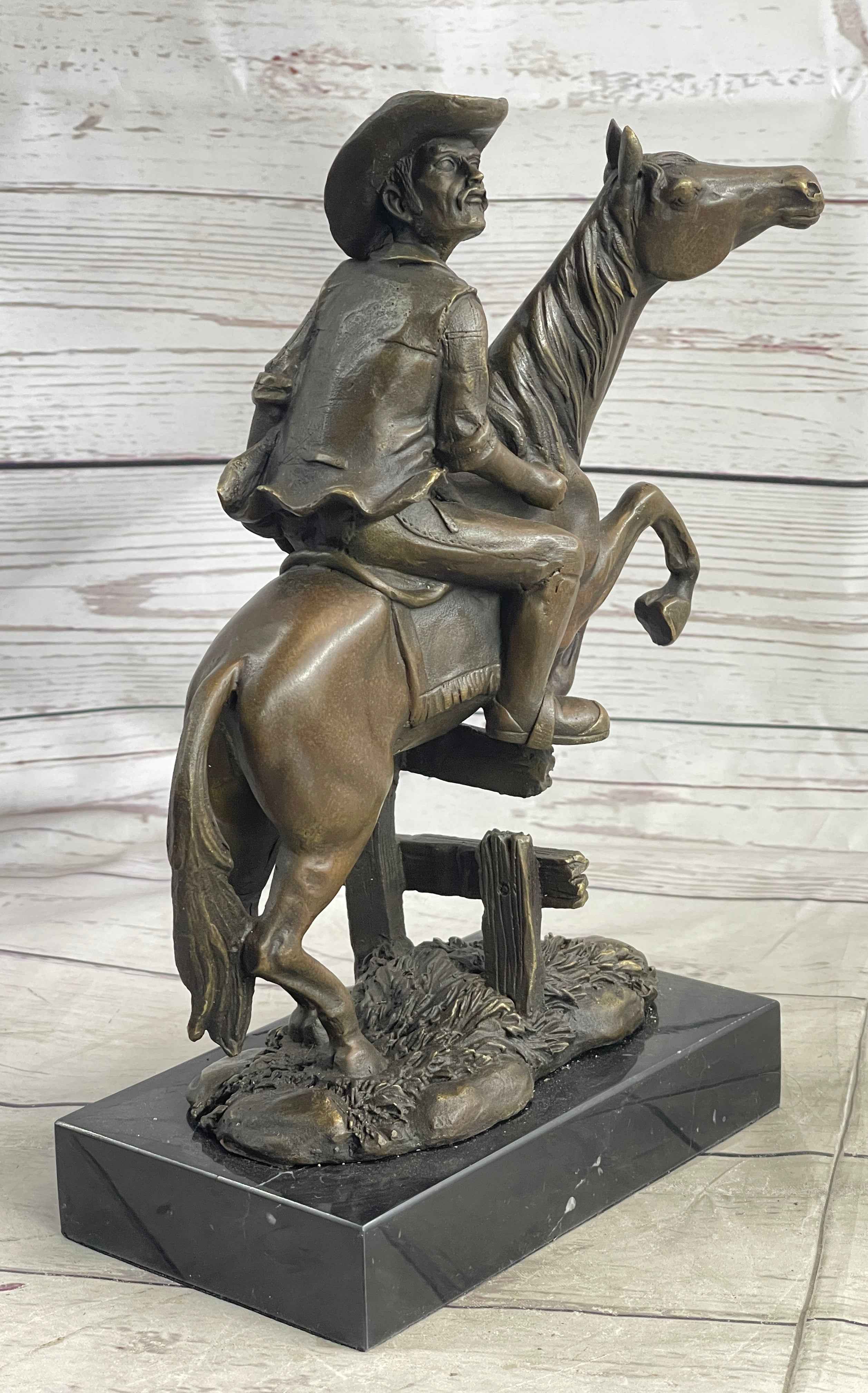 Cowboy on Horseback Hopping a Fence Bronze Sculpture Statue Western Decor