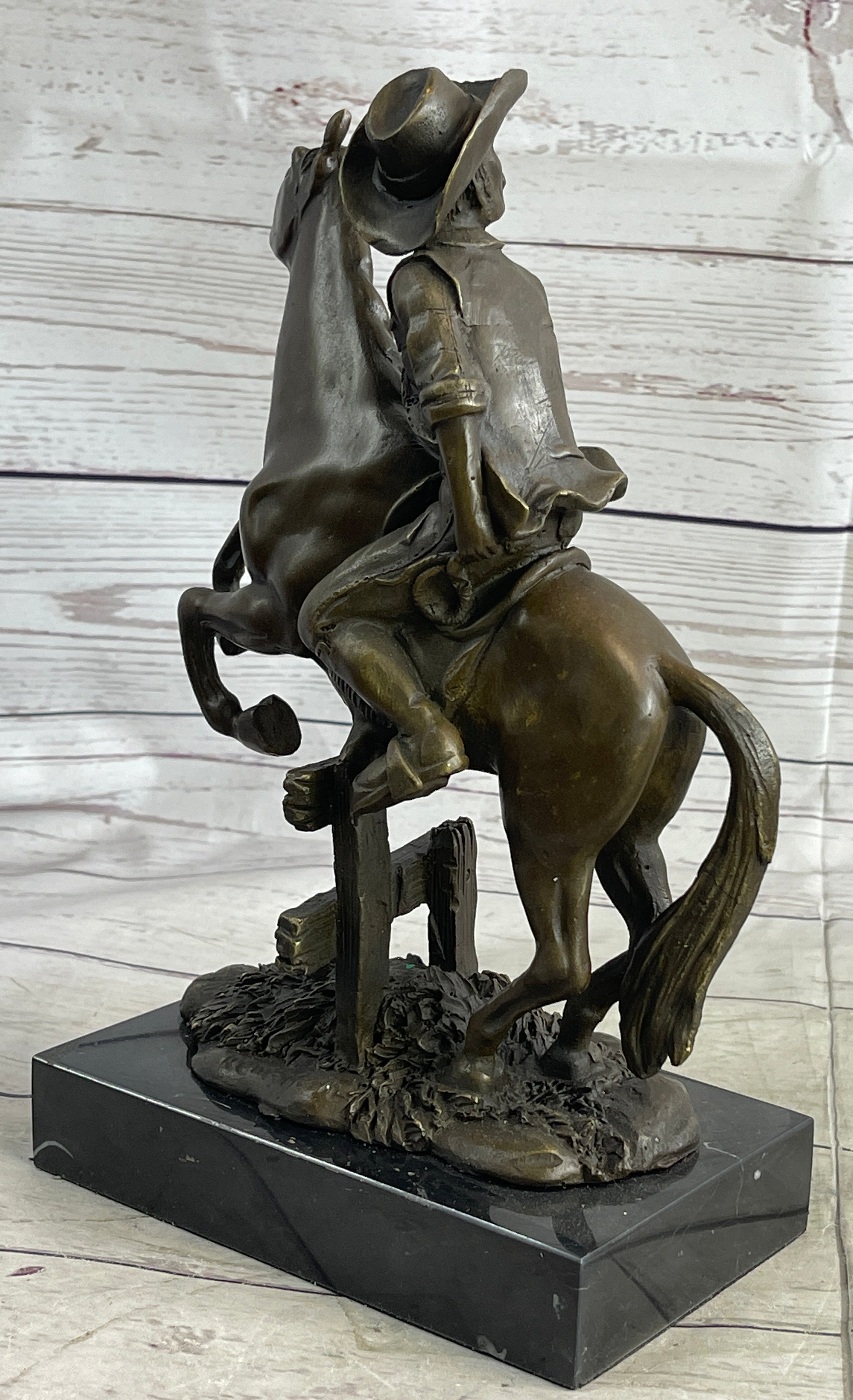 Cowboy on Horseback Hopping a Fence Bronze Sculpture Statue Western Decor