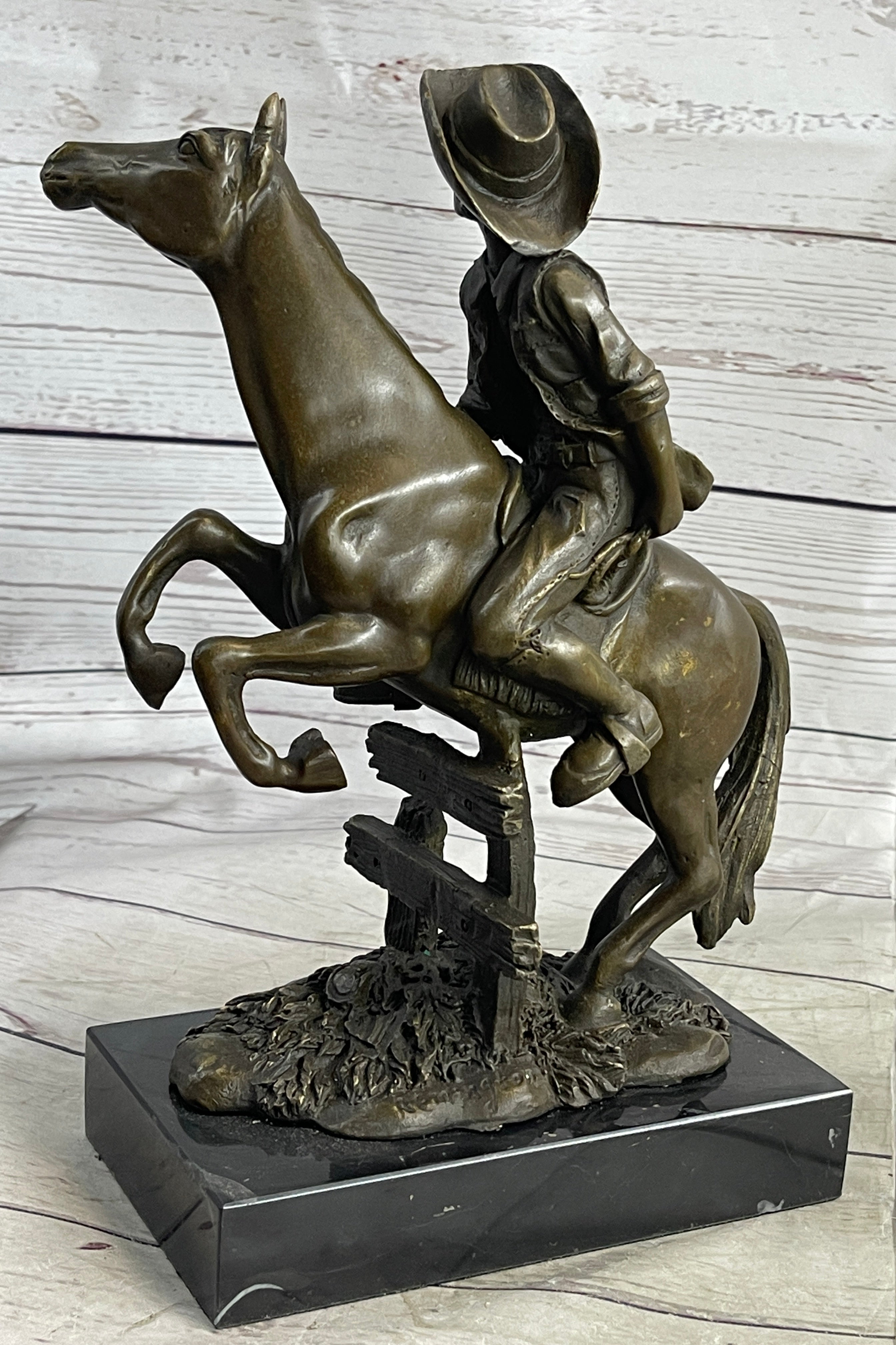 Cowboy on Horseback Hopping a Fence Bronze Sculpture Statue Western Decor