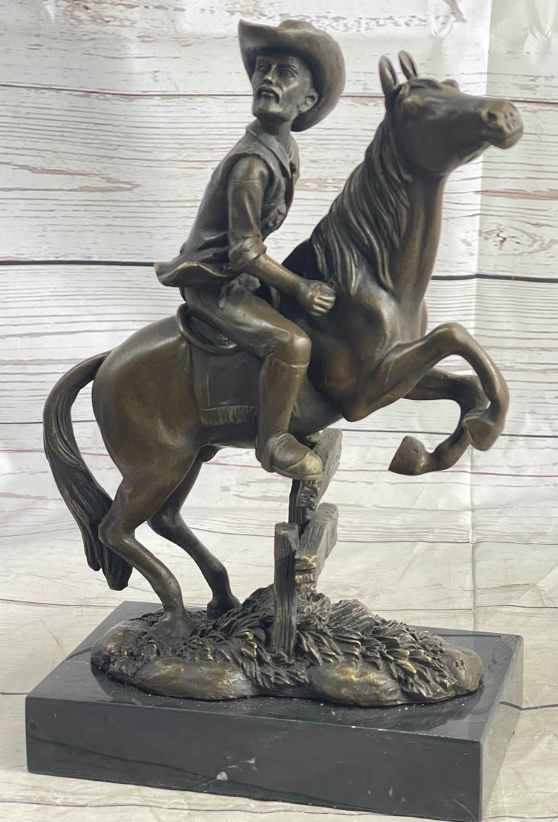 Cowboy on Horseback Hopping a Fence Bronze Sculpture Statue Western Decor