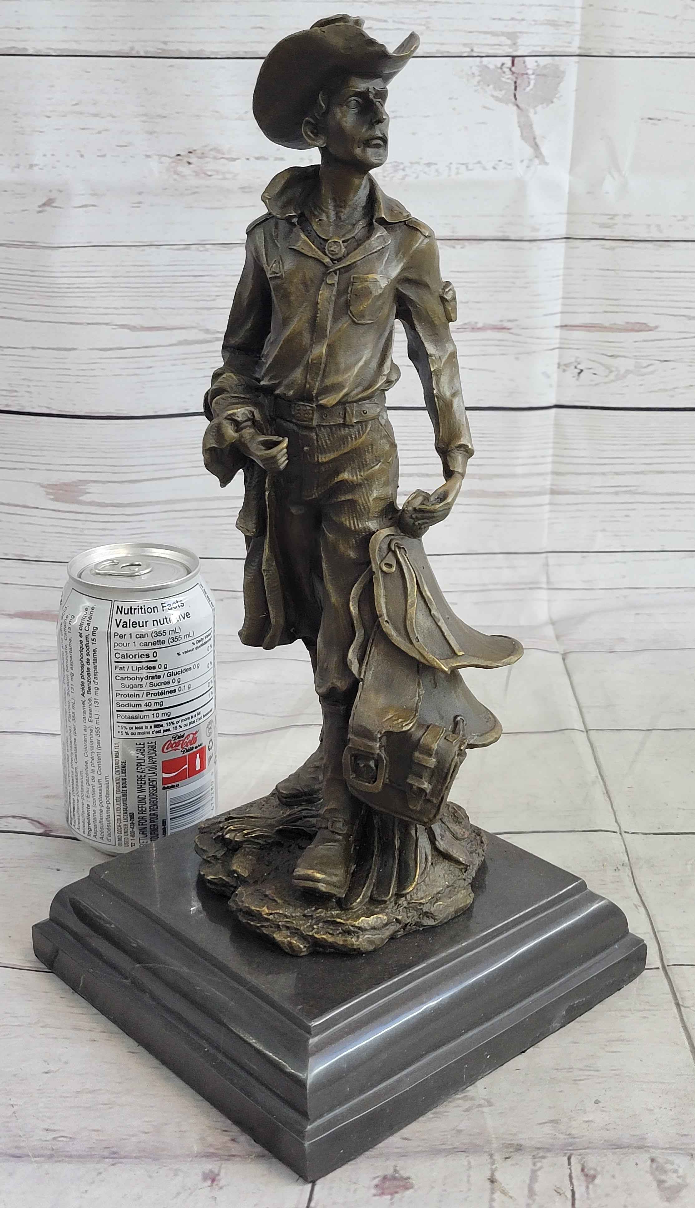 Cowboy Holding Horse Saddle Bronze Statue Sculpture Figure Western 13" x 6"