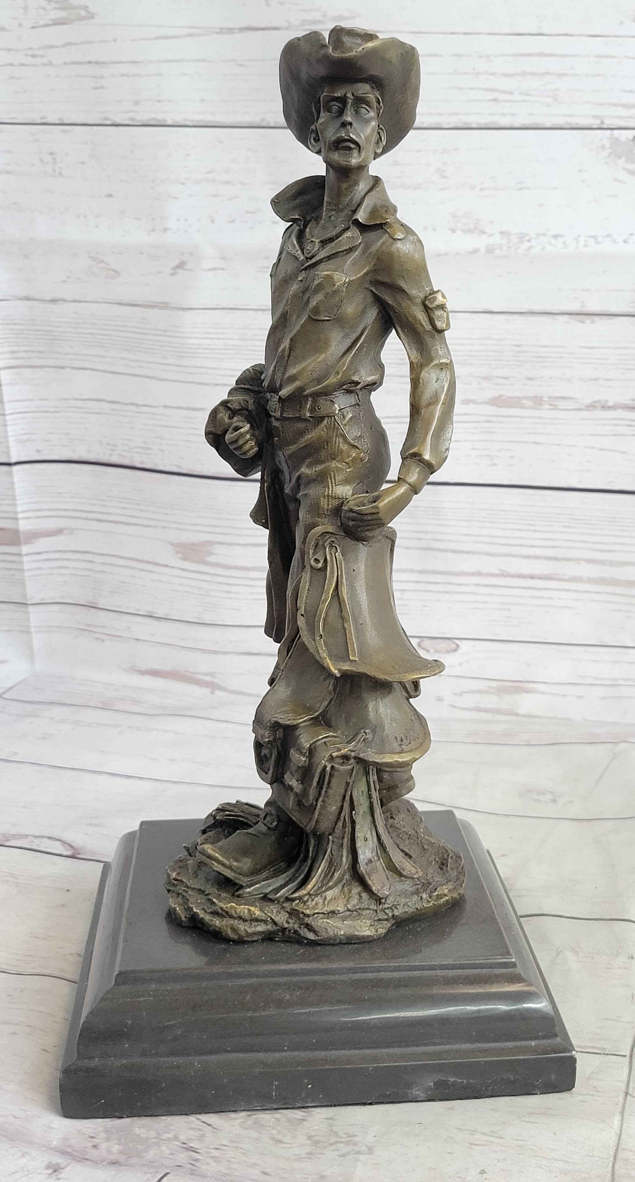 Cowboy Holding Horse Saddle Bronze Statue Sculpture Figure Western 13" x 6"
