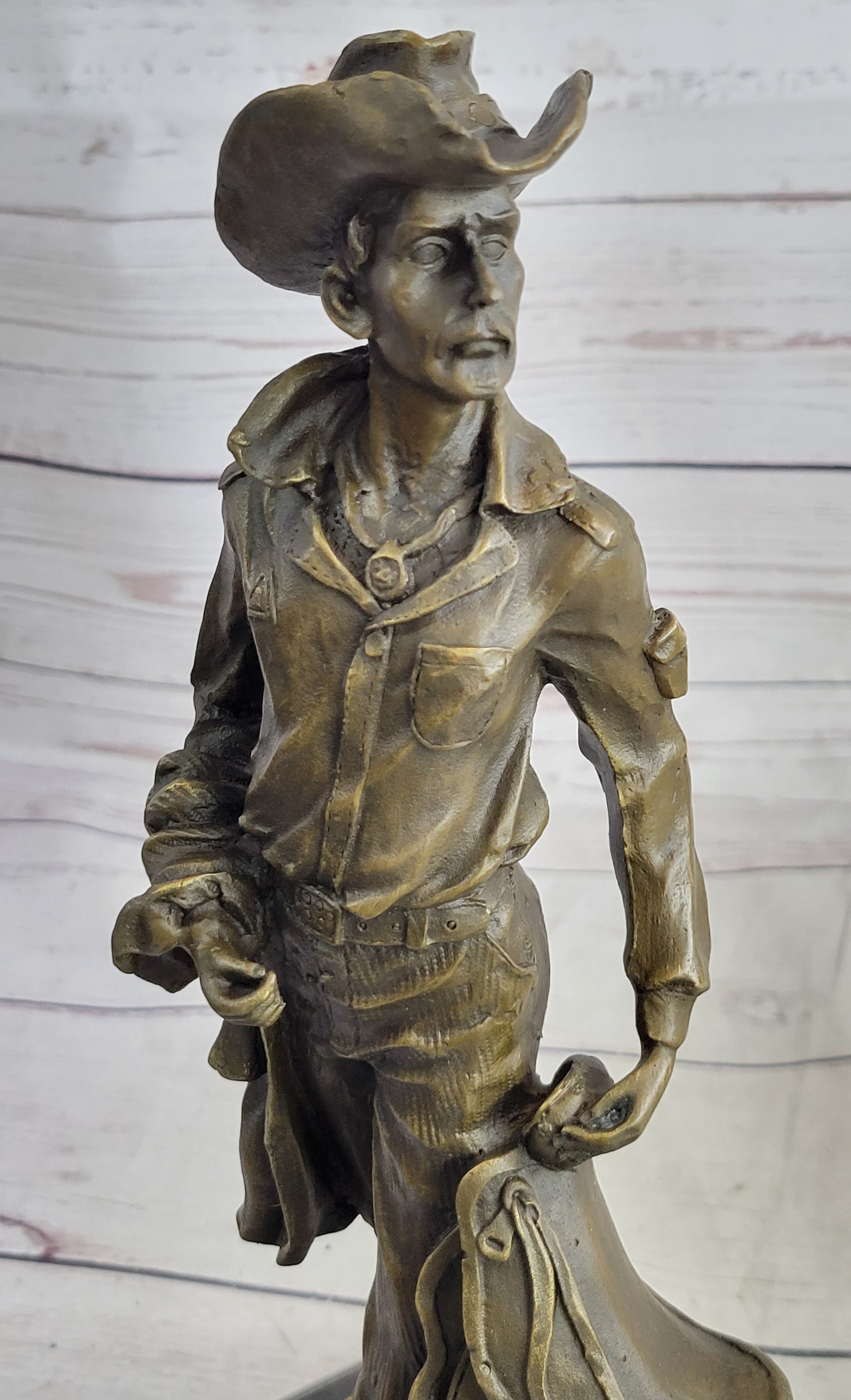 Cowboy Holding Horse Saddle Bronze Statue Sculpture Figure Western 13" x 6"