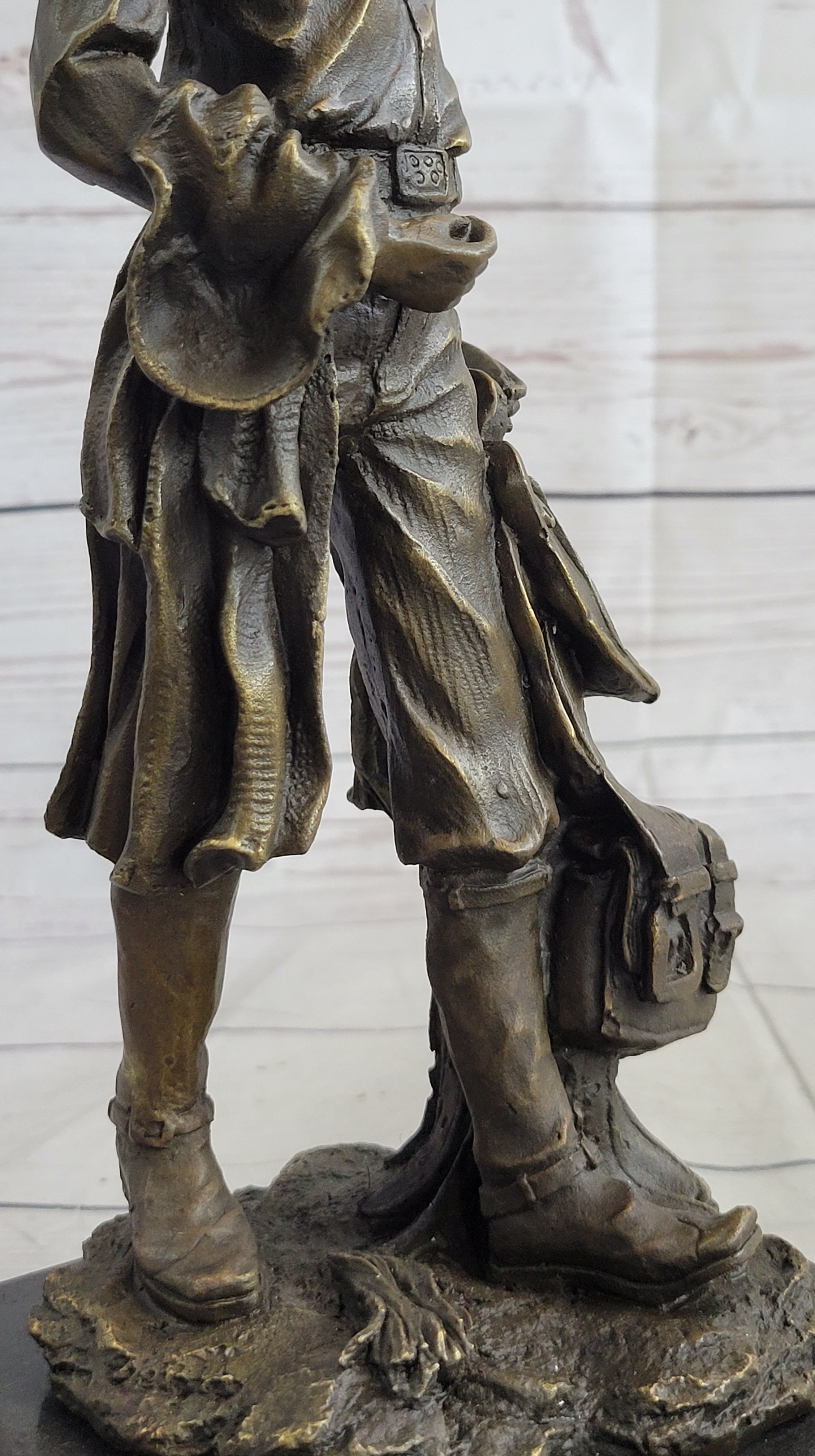 Cowboy Holding Horse Saddle Bronze Statue Sculpture Figure Western 13" x 6"